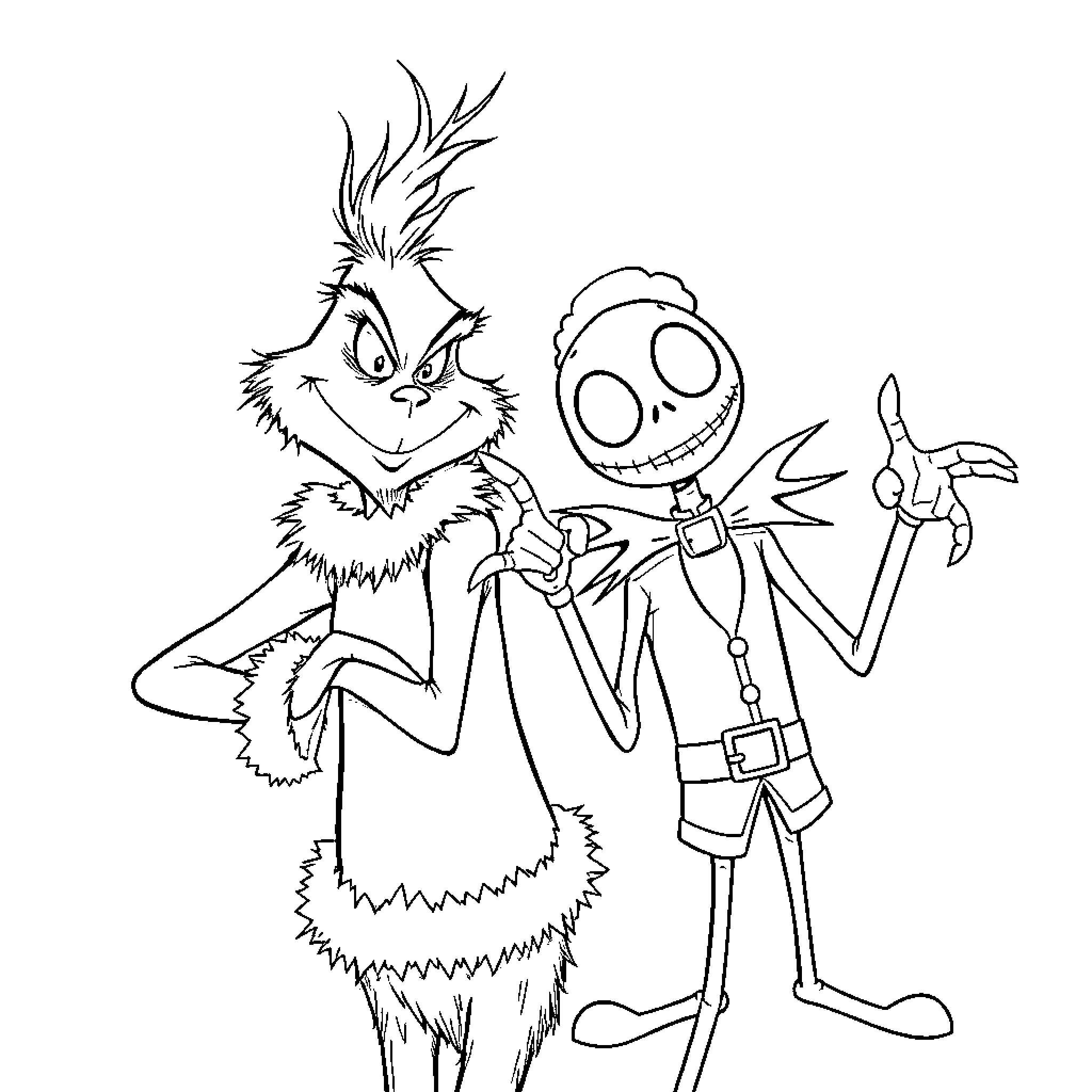 Grinch and Skeleton Character in Illustration Coloring Page (free black-and-white line drawing printable PDF for all, from beginners to advanced learners, including children, teens, adults, and seniors)