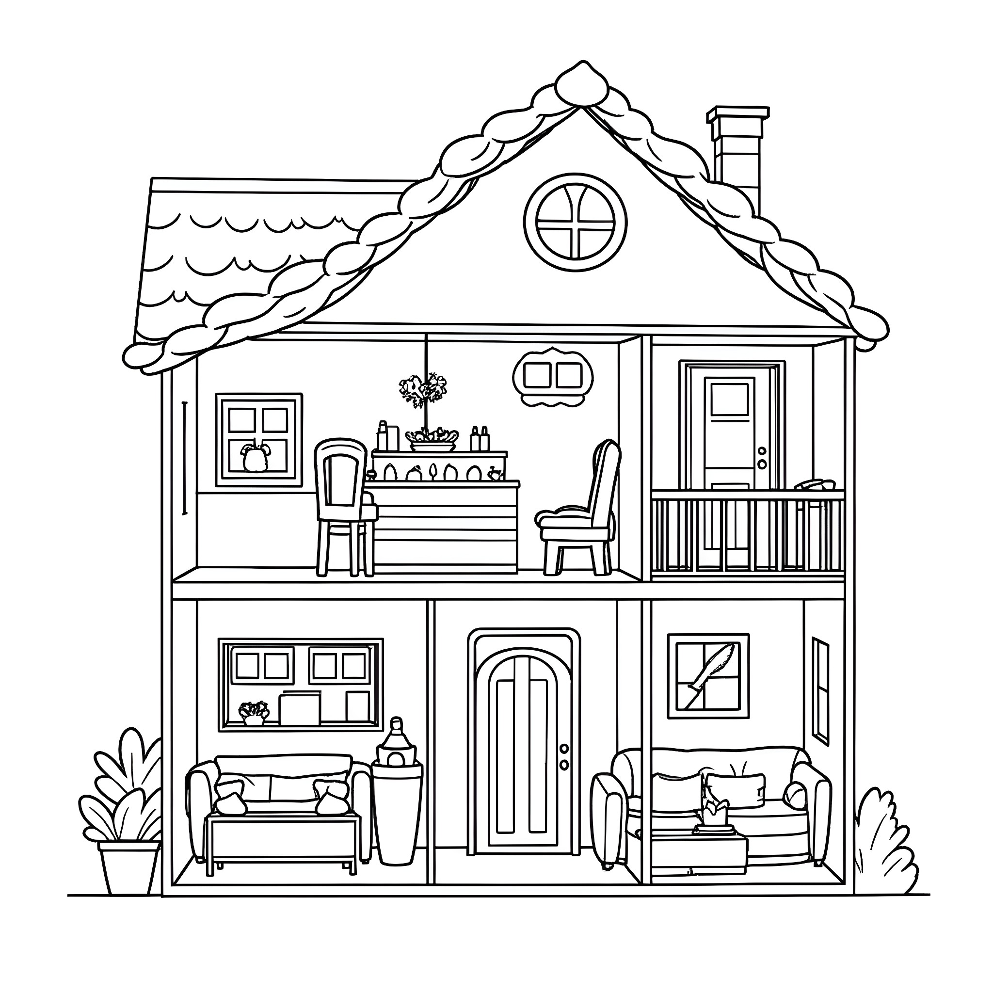 Gabby's Dollhouse: Cozy home with furniture and decor Coloring Page (free black-and-white line drawing printable PDF for all, from beginners to advanced learners, including children, teens, adults, and seniors)
