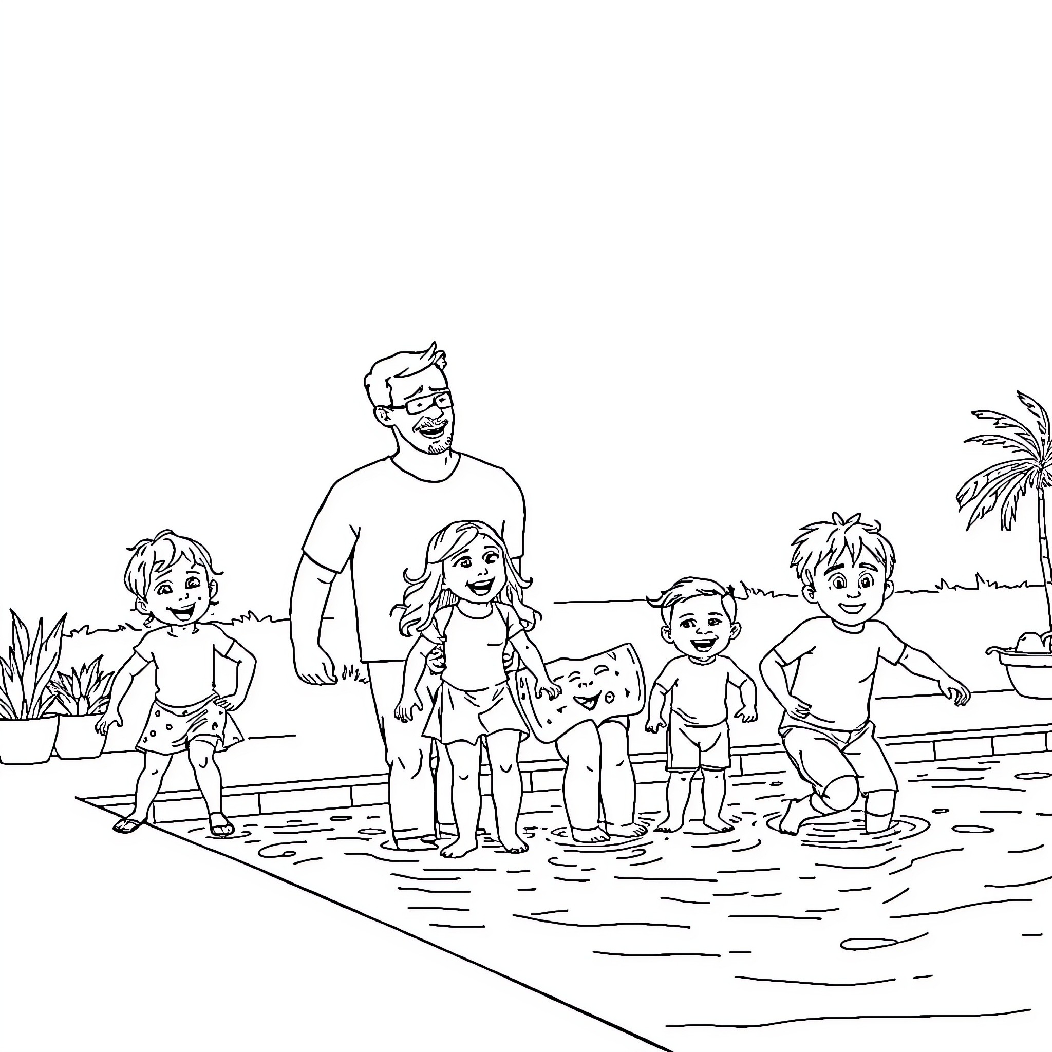 Family enjoying time at the beach Coloring Page (free black-and-white line drawing printable PDF for all, from beginners to advanced learners, including children, teens, adults, and seniors)