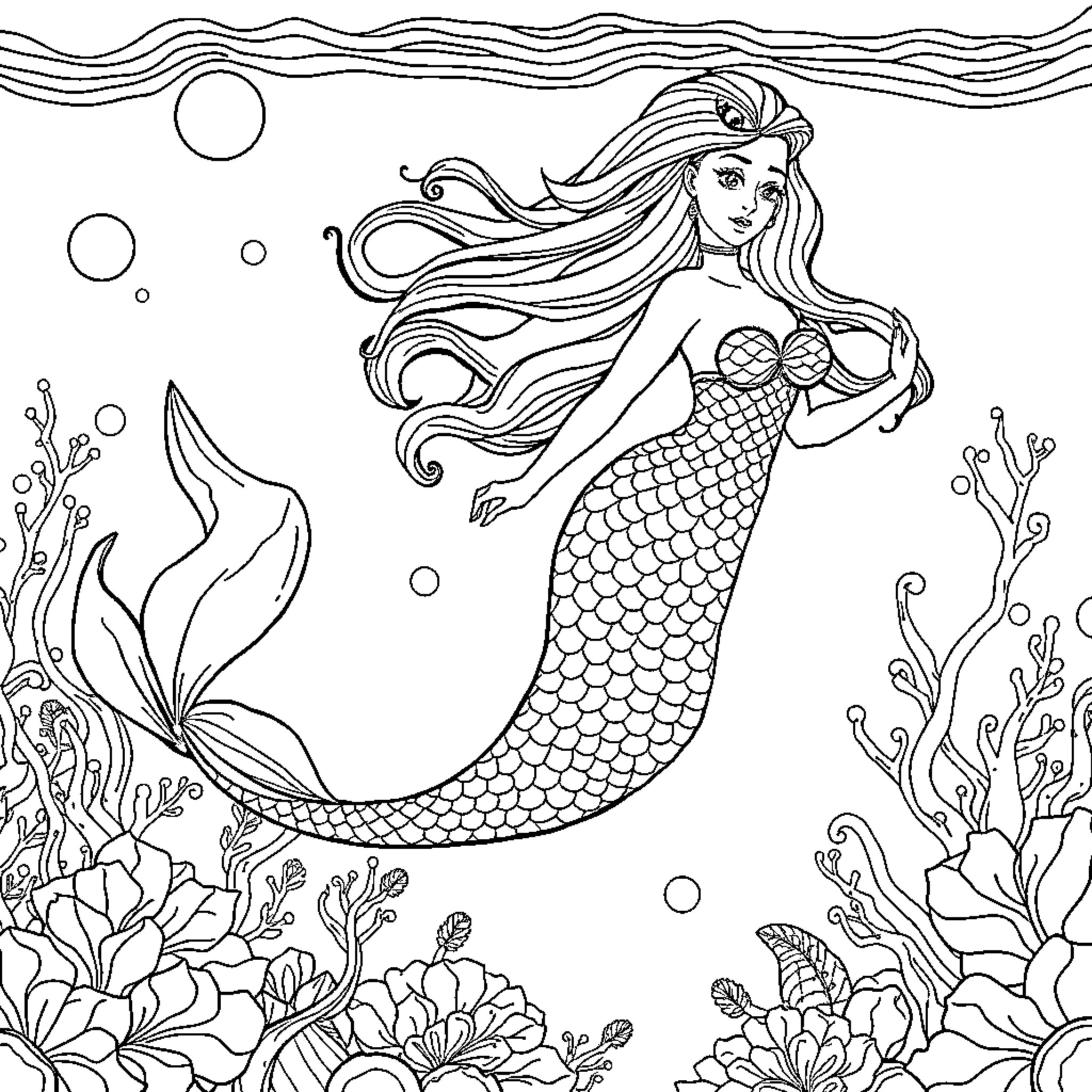 Mermaid swimming amidst marine life and bubbles Coloring Page (free black-and-white line drawing printable PDF for all, from beginners to advanced learners, including children, teens, adults, and seniors)