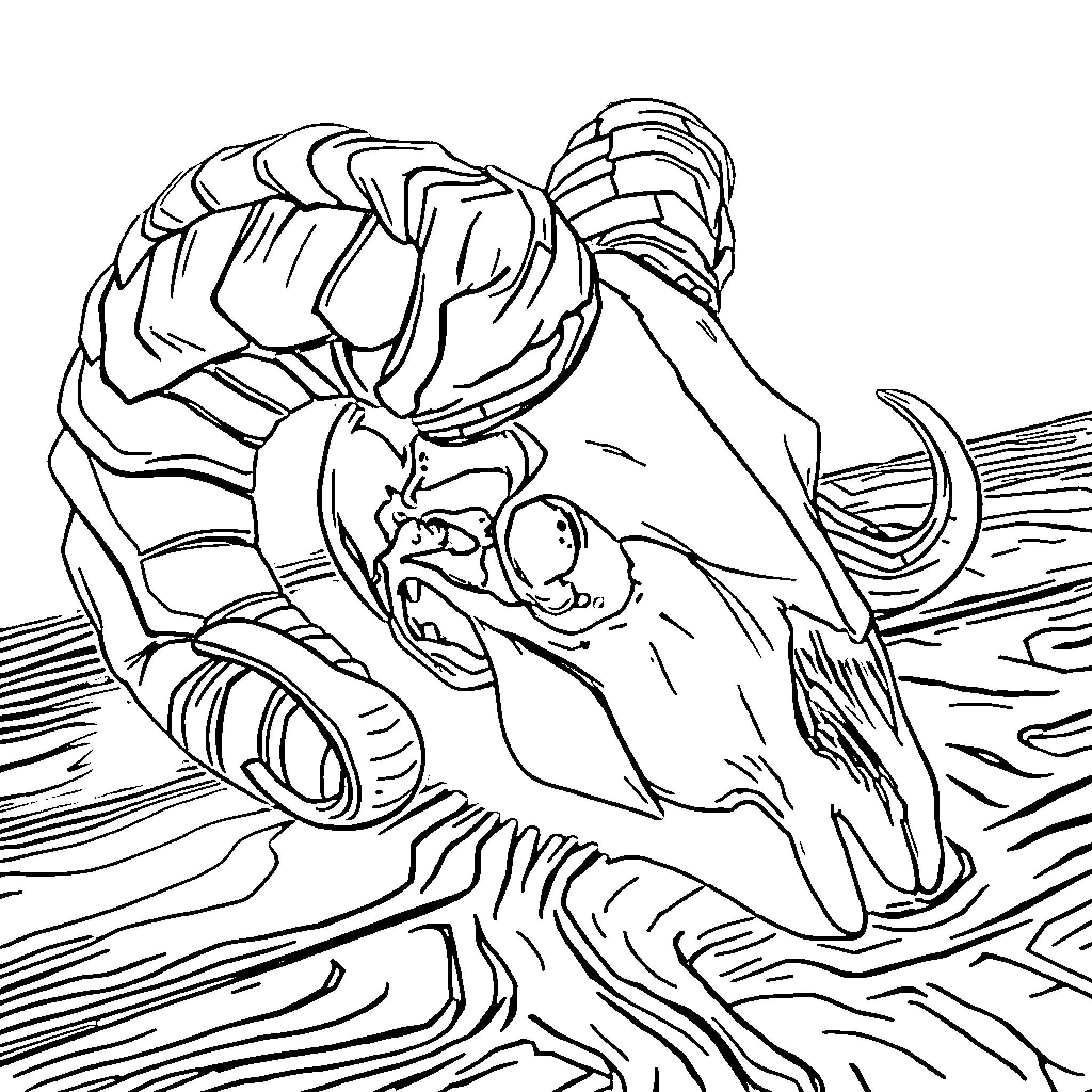 Skull wielding a threatening weapon amidst chaos Coloring Page (free black-and-white line drawing printable PDF for all, from beginners to advanced learners, including children, teens, adults, and seniors)