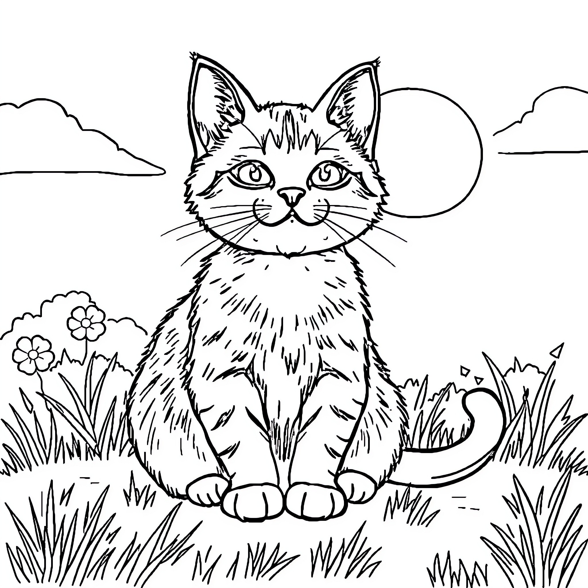 Cat sitting peacefully in a natural setting Coloring Page (free black-and-white line drawing printable PDF for all, from beginners to advanced learners, including children, teens, adults, and seniors)