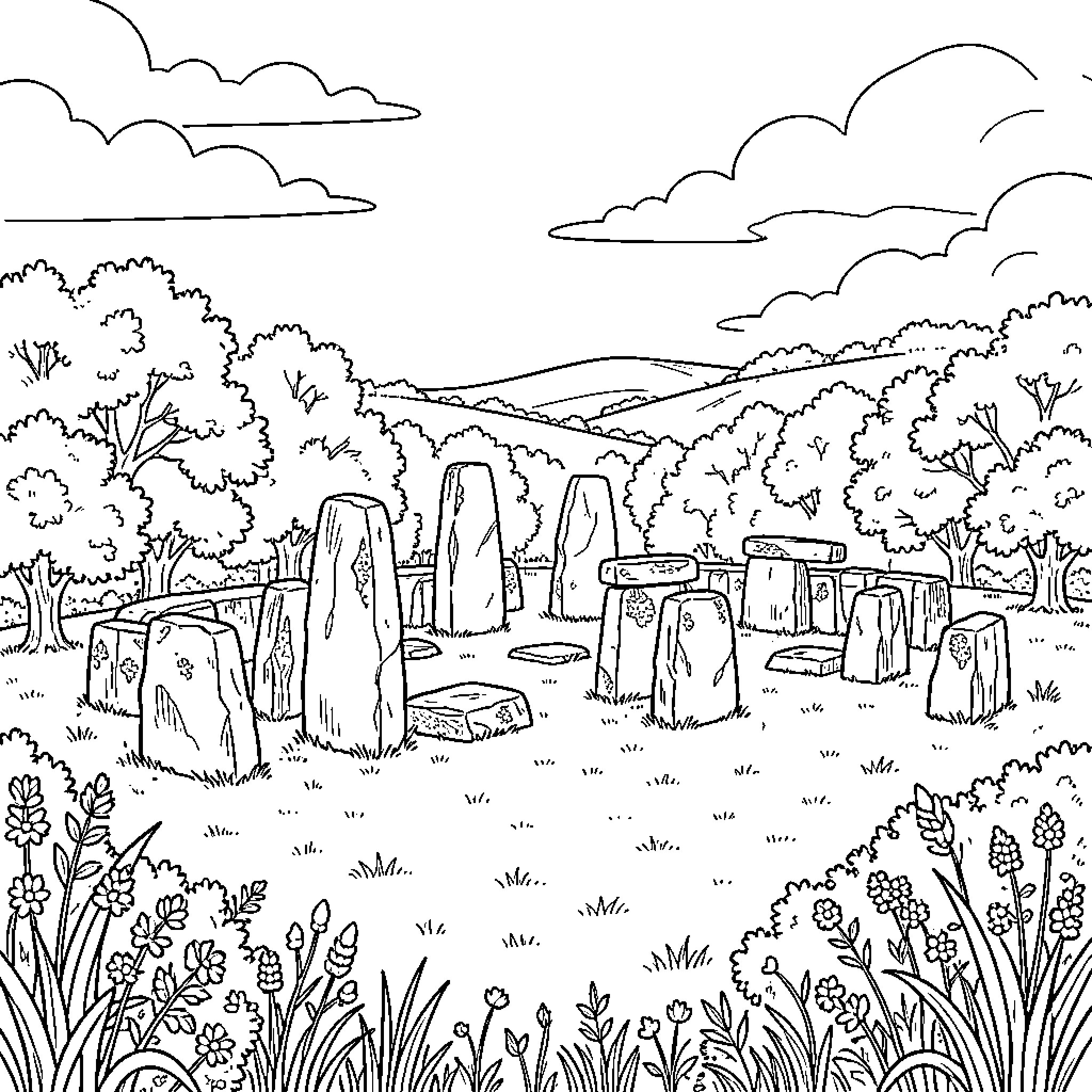 Bru na Boinne ancient stone circle in a landscape Coloring Page (free black-and-white line drawing printable PDF for all, from beginners to advanced learners, including children, teens, adults, and seniors)