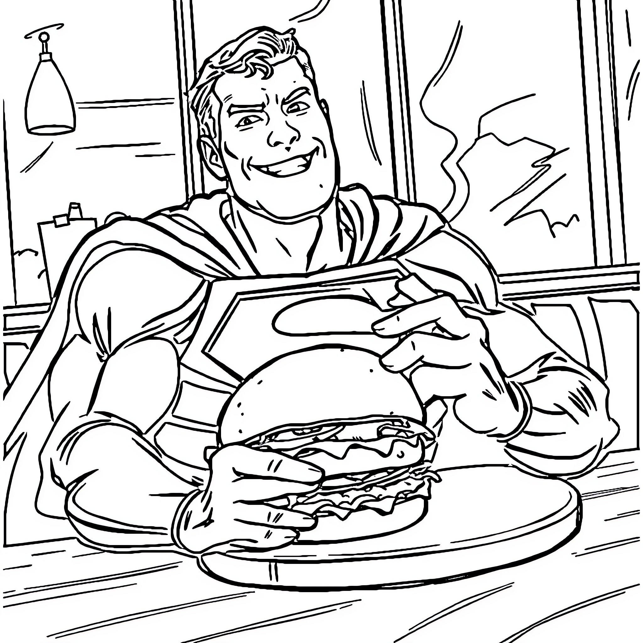 Superman enjoying a delicious burger in a diner Coloring Page (free black-and-white line drawing printable PDF for all, from beginners to advanced learners, including children, teens, adults, and seniors)