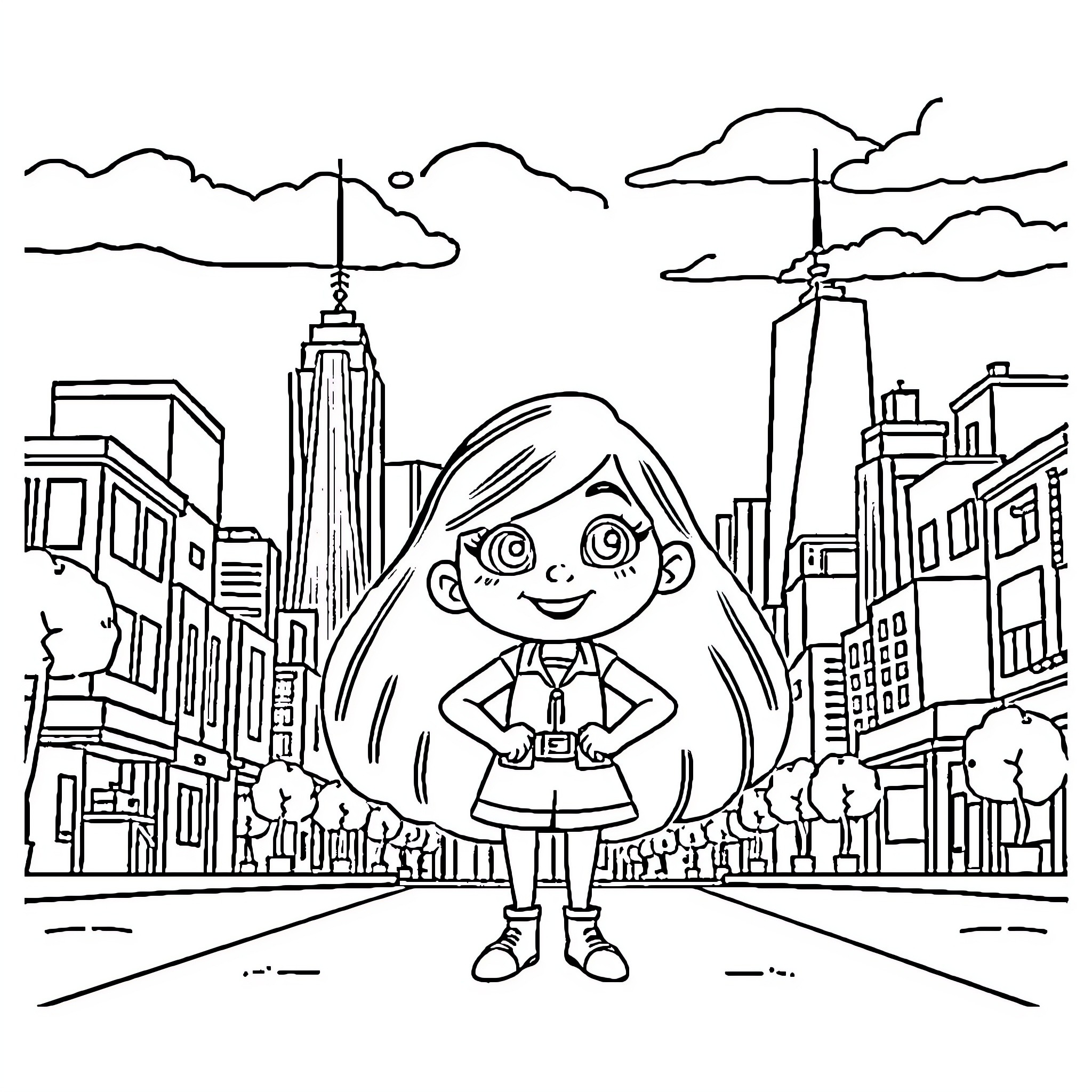 El Girl Exploring the Vibrant City Skyline Coloring Page (free black-and-white line drawing printable PDF for all, from beginners to advanced learners, including children, teens, adults, and seniors)