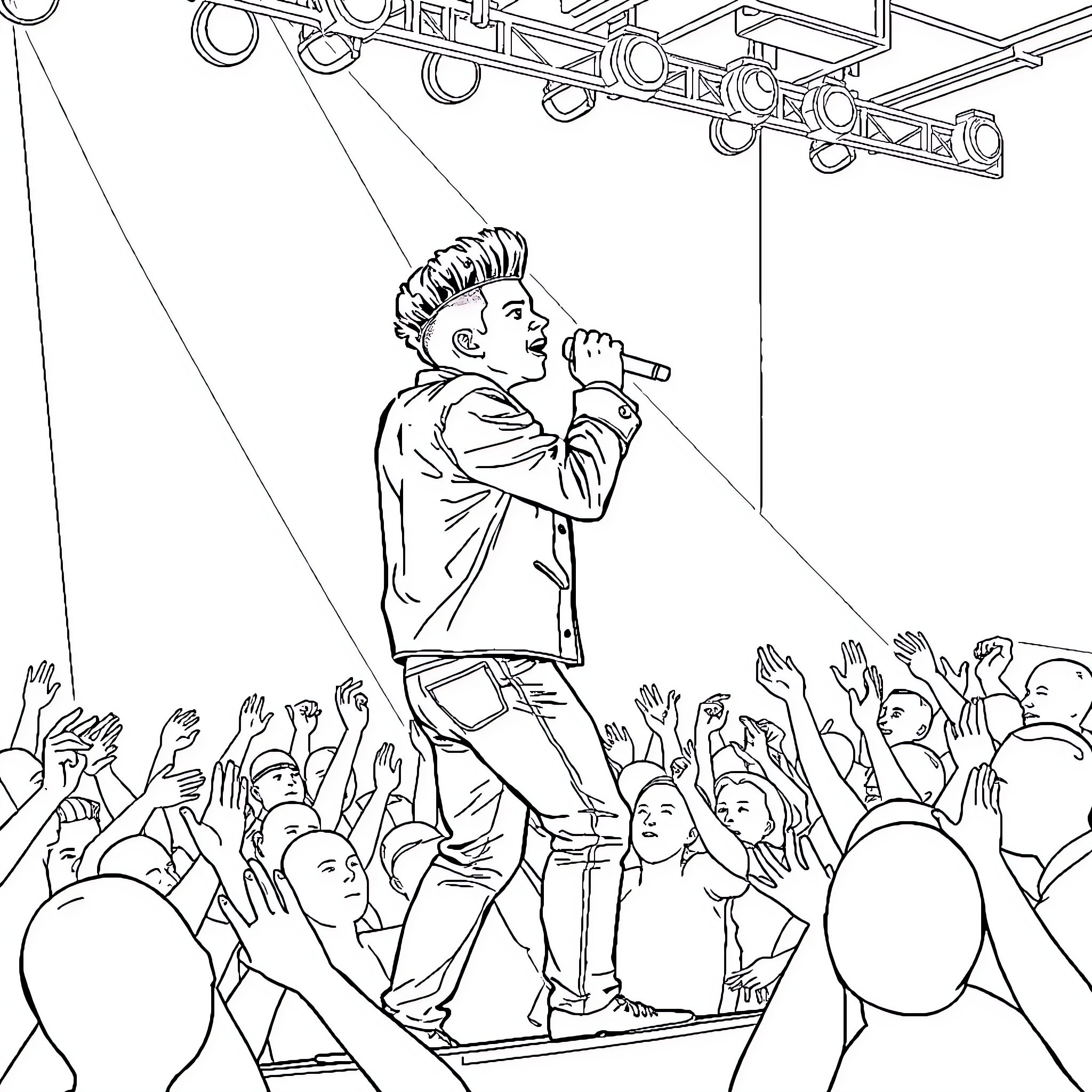 Bruno Mars performing enthusiastically on stage with crowd Coloring Page (free black-and-white line drawing printable PDF for all, from beginners to advanced learners, including children, teens, adults, and seniors)