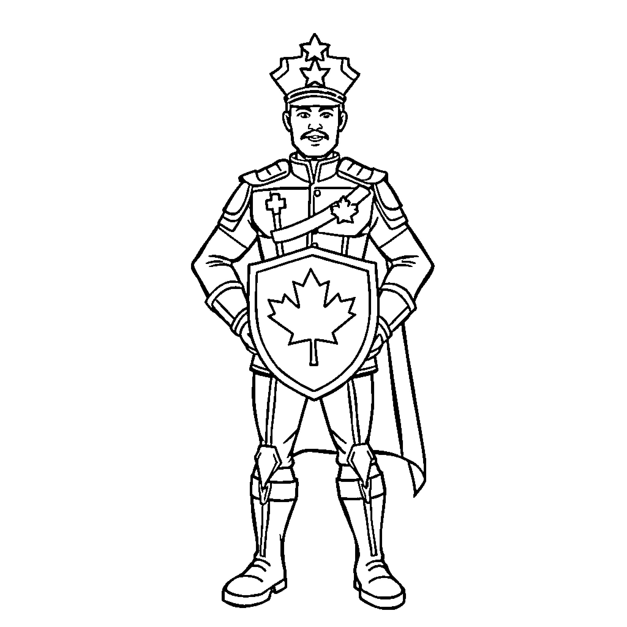 Captain Canada standing heroically in uniform Coloring Page (free black-and-white line drawing printable PDF for all, from beginners to advanced learners, including children, teens, adults, and seniors)