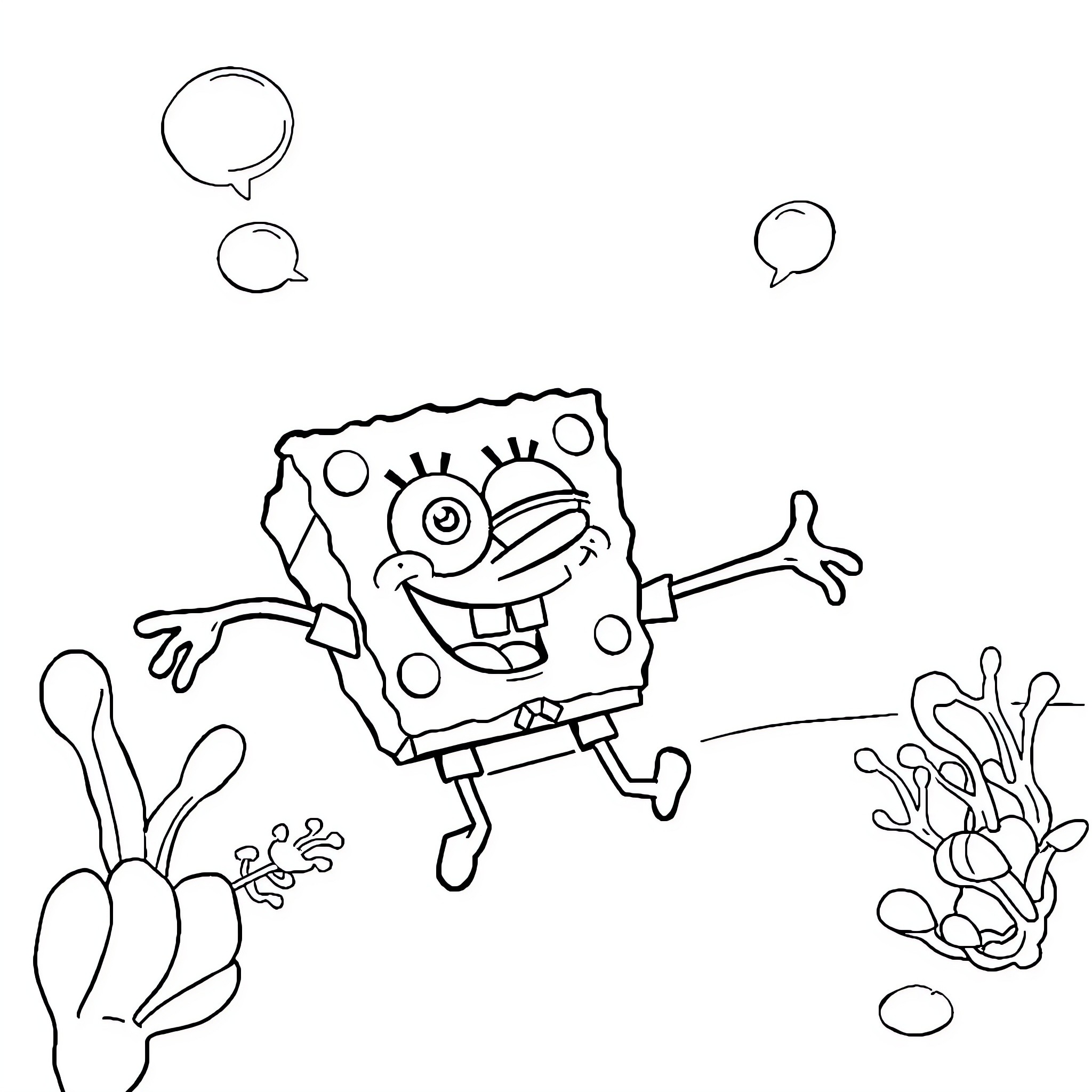 Bob Sponge happily exploring the underwater world Coloring Page (free black-and-white line drawing printable PDF for all, from beginners to advanced learners, including children, teens, adults, and seniors)