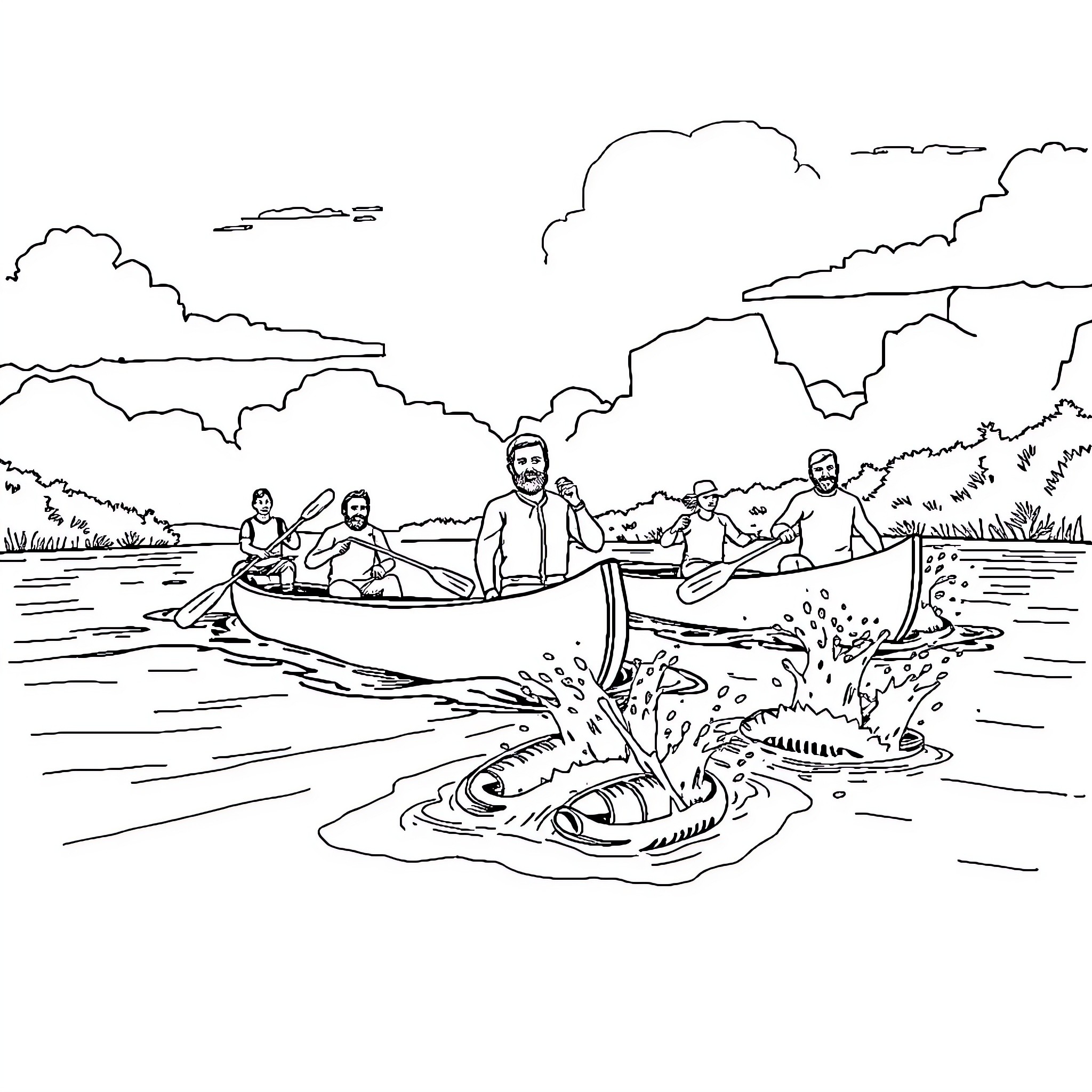 Canoe adventure on the river with friends Coloring Page (free black-and-white line drawing printable PDF for all, from beginners to advanced learners, including children, teens, adults, and seniors)