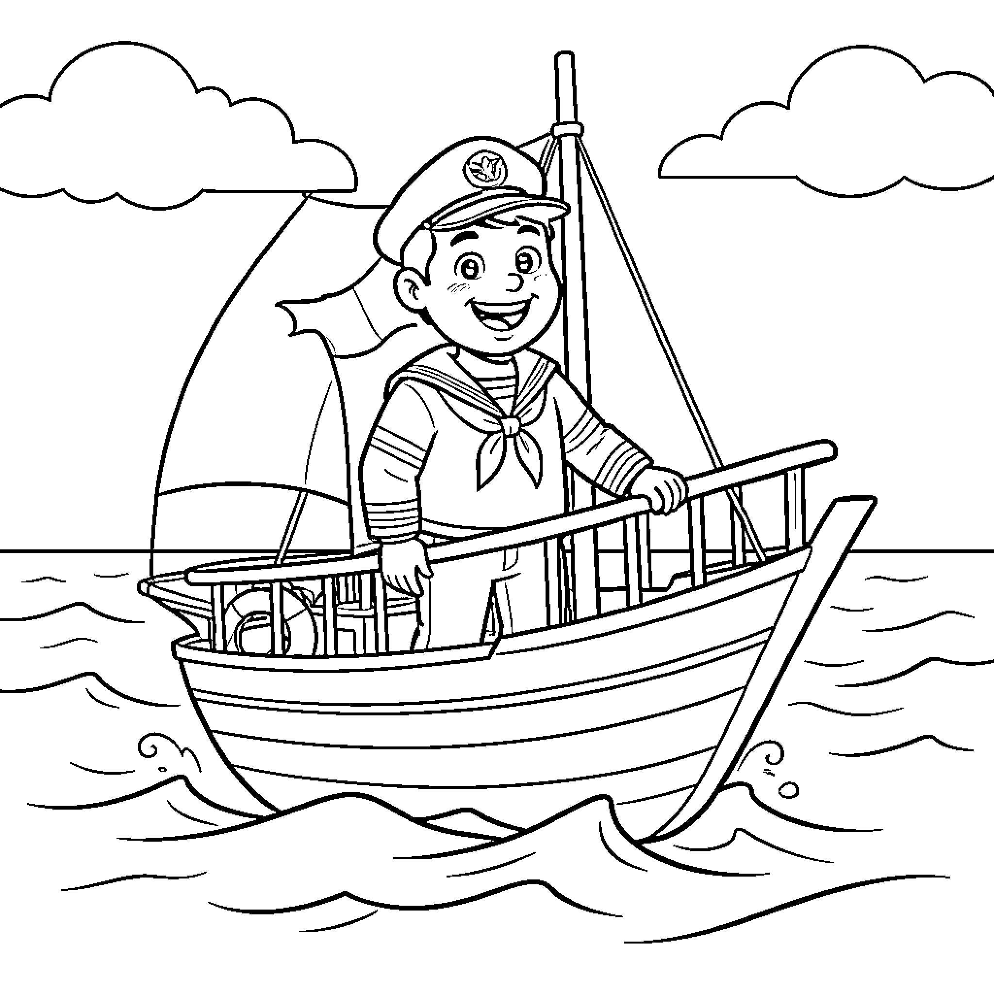 Sailor navigating boat on the sea Coloring Page (free black-and-white line drawing printable PDF for all, from beginners to advanced learners, including children, teens, adults, and seniors)