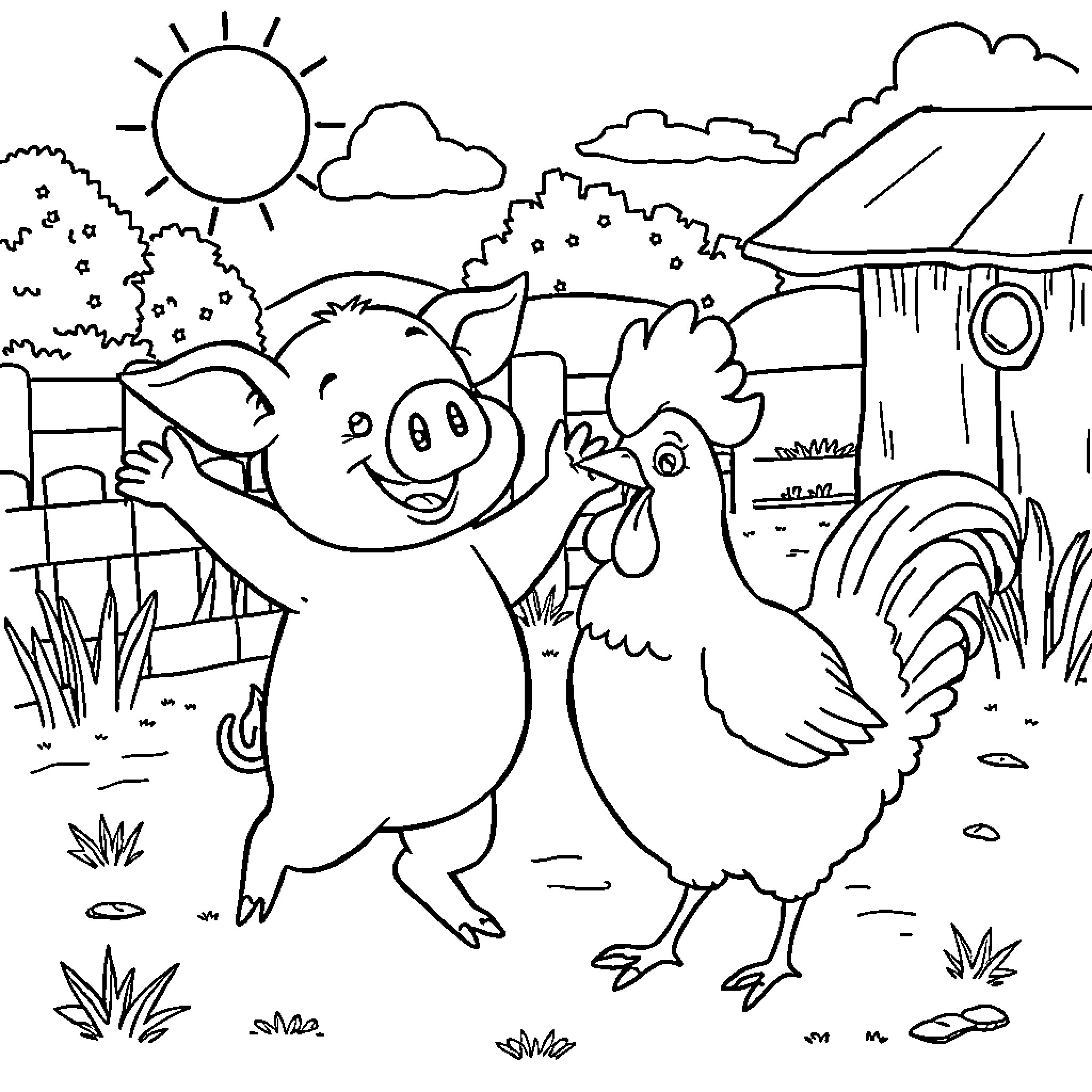Pig playing happily with a rooster on the farm Coloring Page (free black-and-white line drawing printable PDF for all, from beginners to advanced learners, including children, teens, adults, and seniors)
