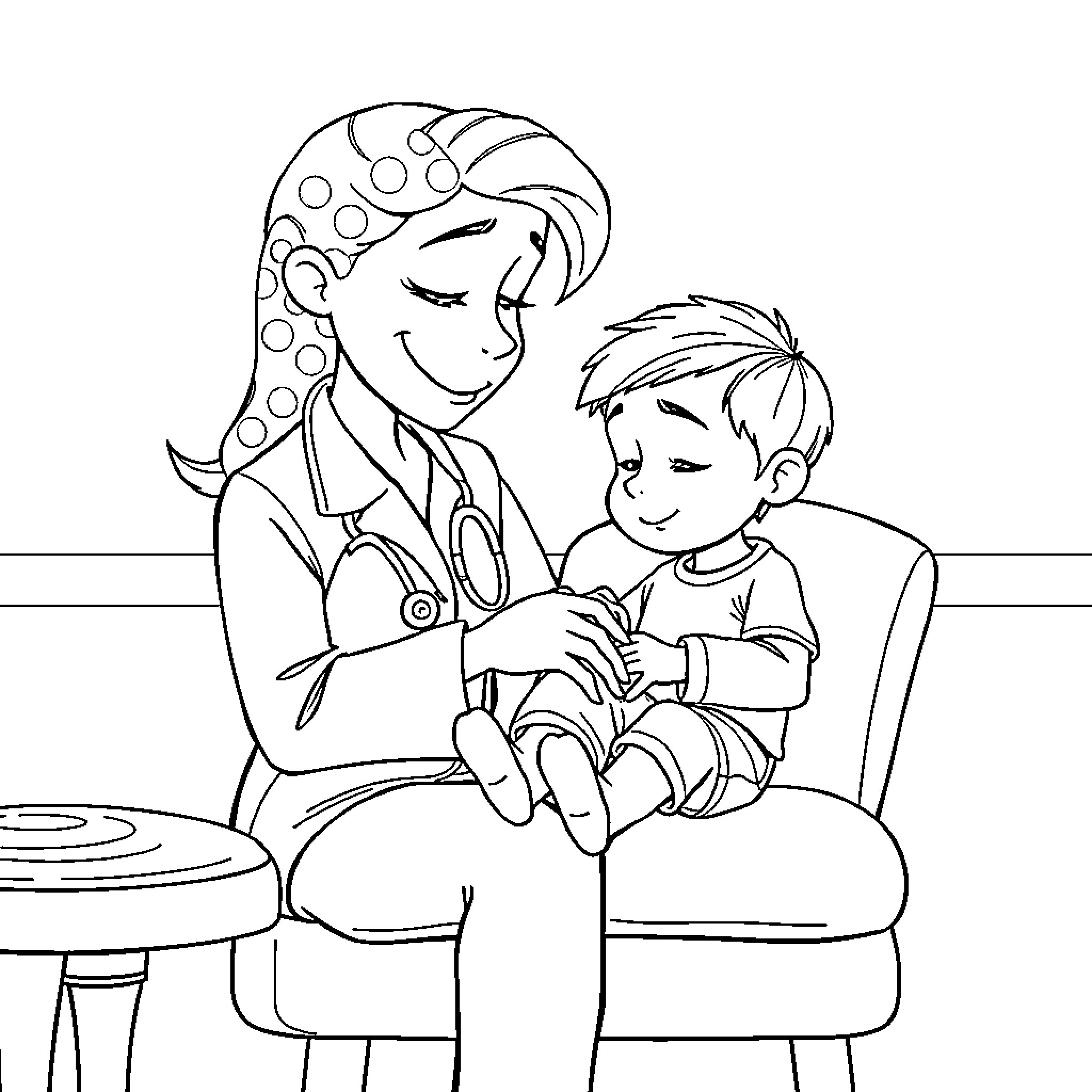 Physiotherapist assisting a young patient Coloring Page (free black-and-white line drawing printable PDF for all, from beginners to advanced learners, including children, teens, adults, and seniors)