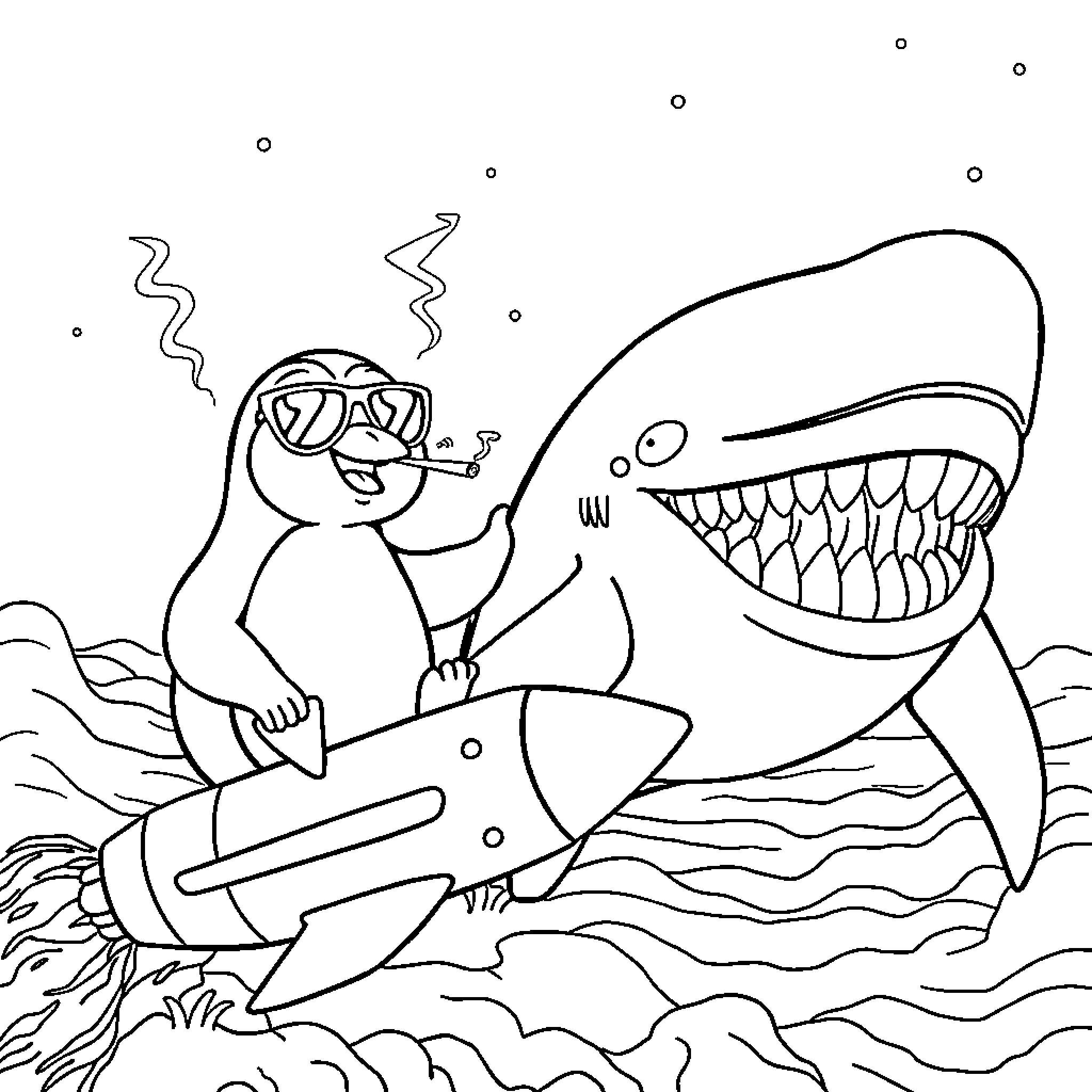 Penguin riding an angry shark in the ocean Coloring Page (free black-and-white line drawing printable PDF for all, from beginners to advanced learners, including children, teens, adults, and seniors)