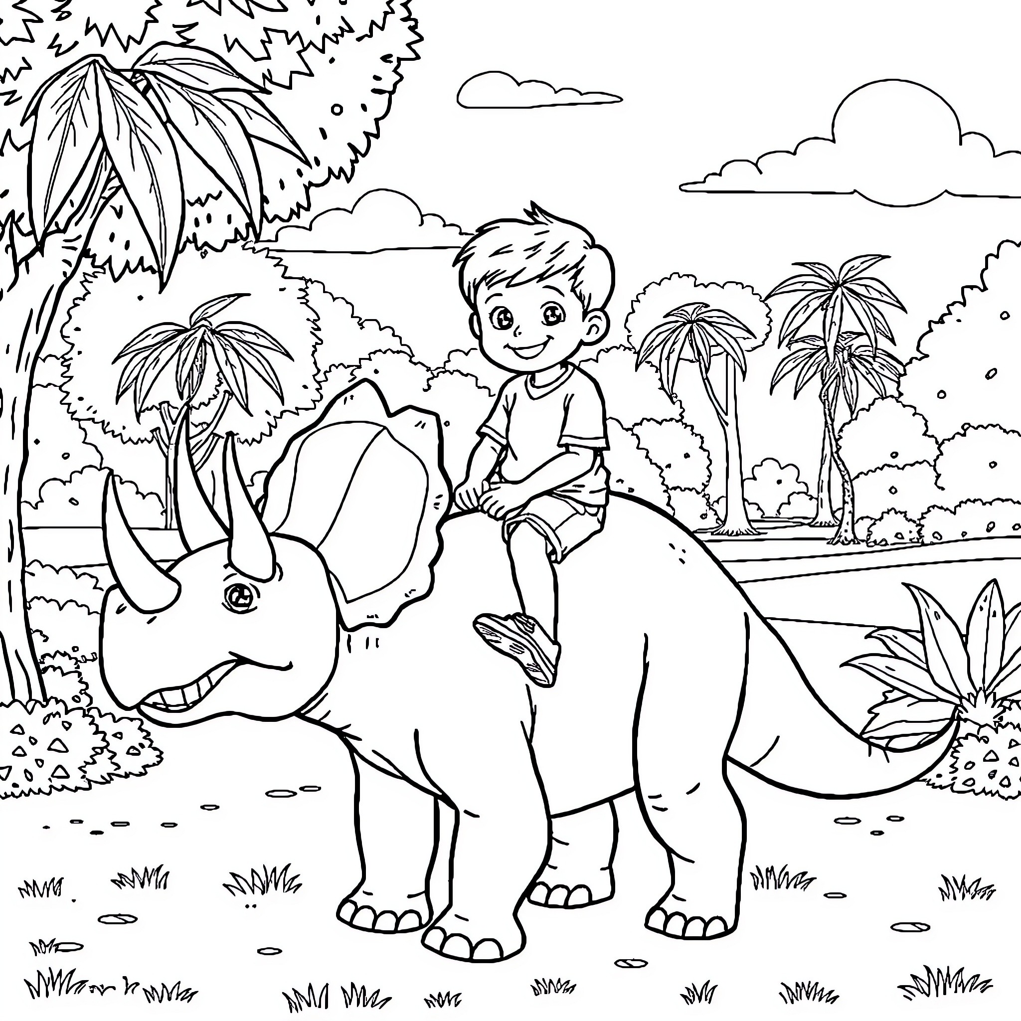 Triceratops and boy exploring the jungle Coloring Page (free black-and-white line drawing printable PDF for all, from beginners to advanced learners, including children, teens, adults, and seniors)