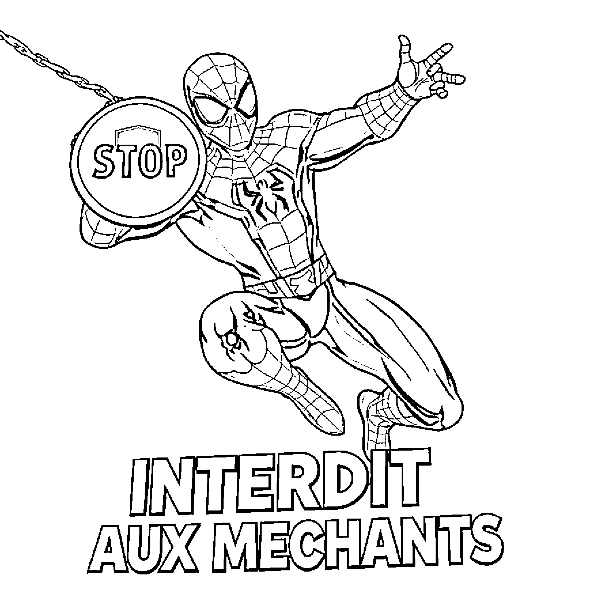 Spiderman stopping a mechanic with a stop sign Coloring Page (free black-and-white line drawing printable PDF for all, from beginners to advanced learners, including children, teens, adults, and seniors)
