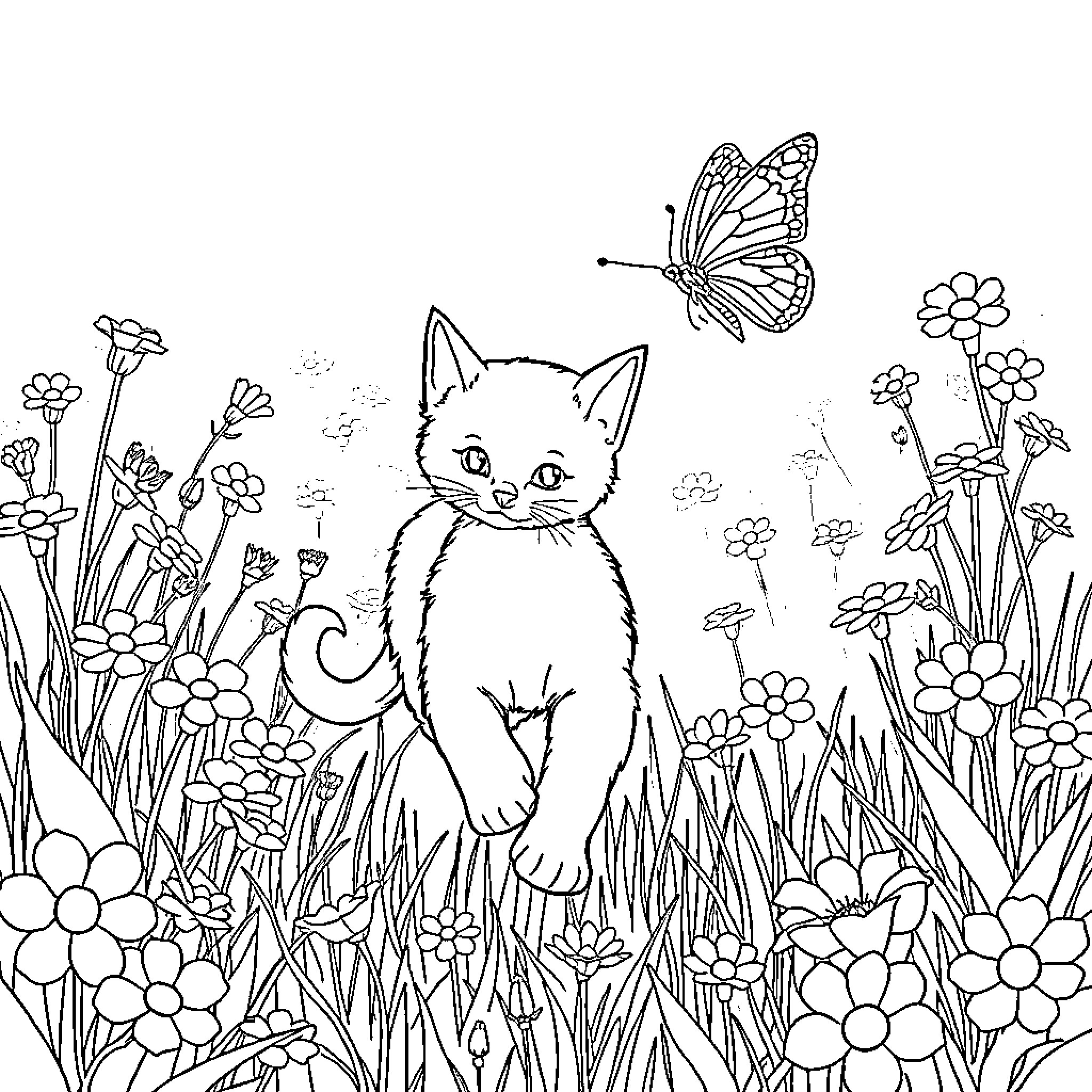 Gato playing amidst the blooming flowers and butterflies Coloring Page (free black-and-white line drawing printable PDF for all, from beginners to advanced learners, including children, teens, adults, and seniors)