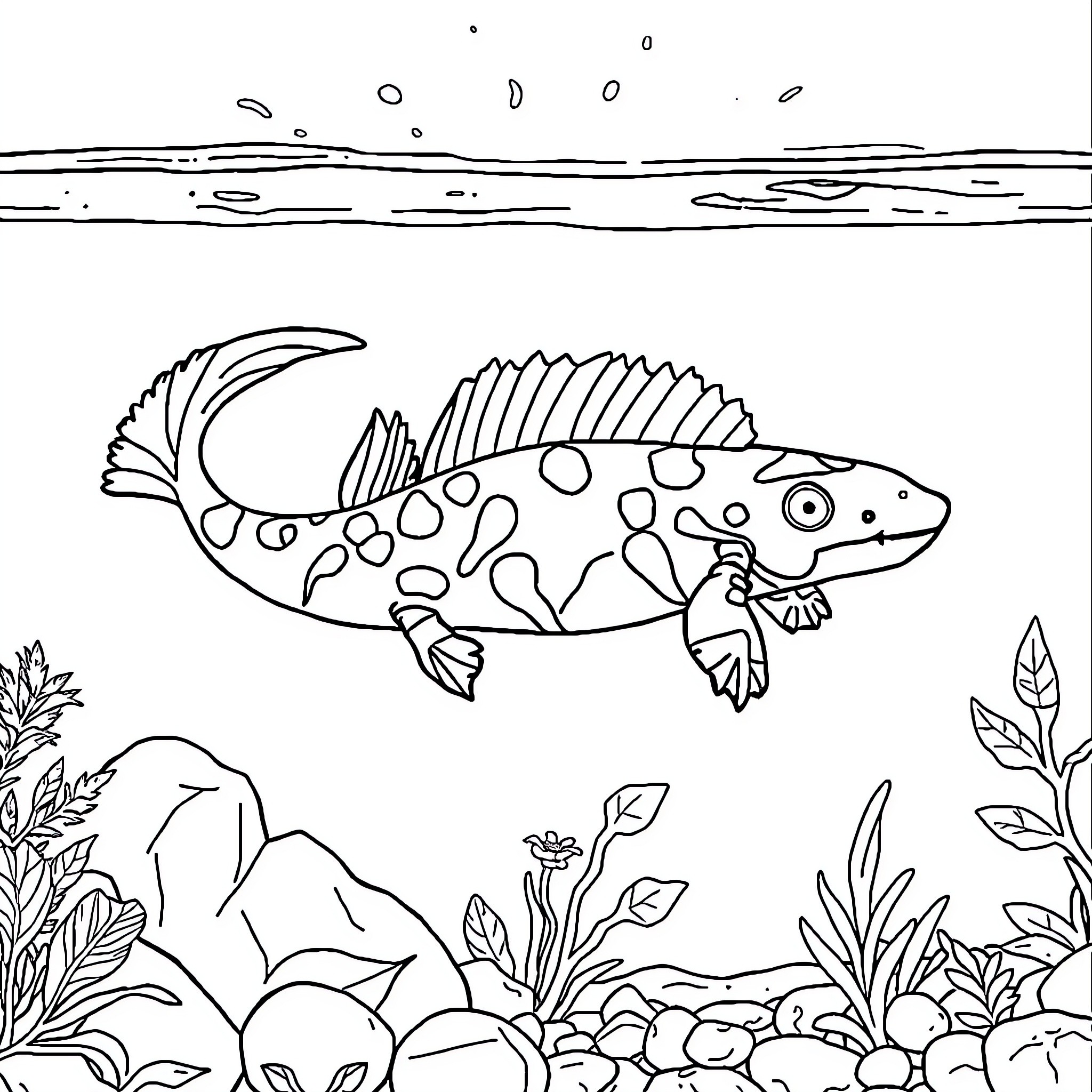 Axolotl swimming in underwater landscape Coloring Page (free black-and-white line drawing printable PDF for all, from beginners to advanced learners, including children, teens, adults, and seniors)