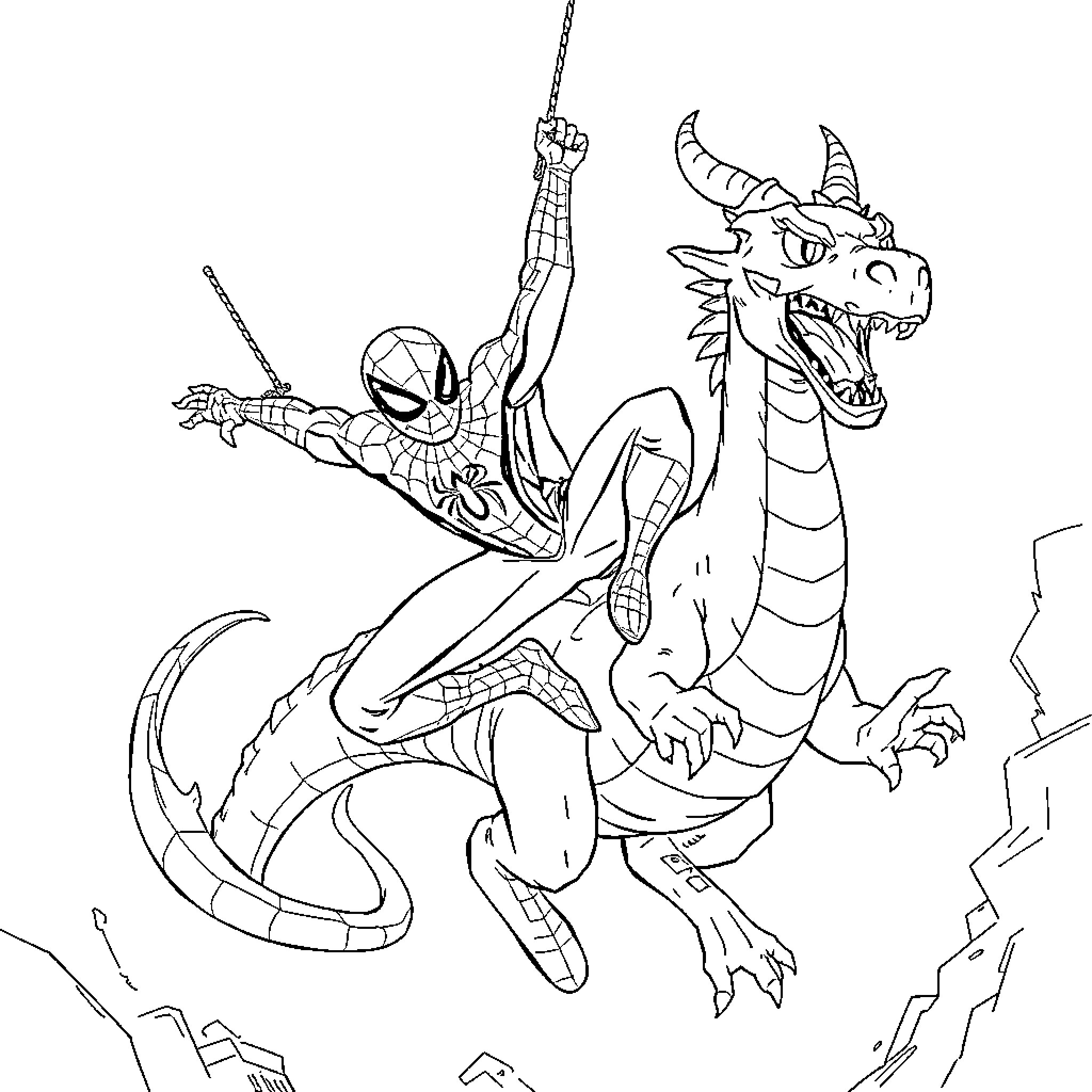 Spider-Man battles a fierce dragon Coloring Page (free black-and-white line drawing printable PDF for all, from beginners to advanced learners, including children, teens, adults, and seniors)