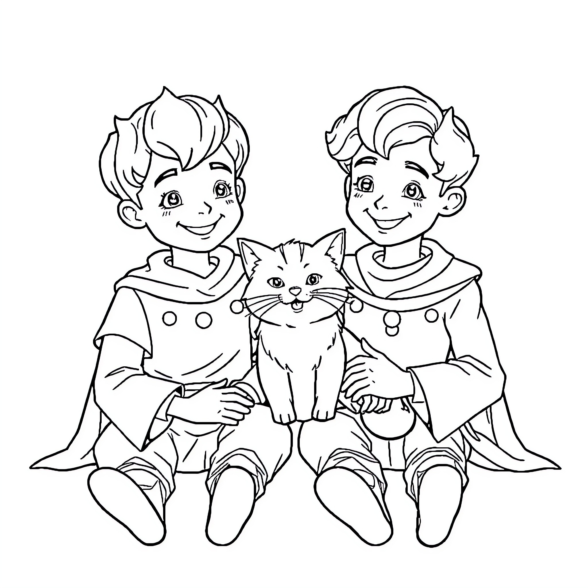 Orange-Clad Boys Befriending Playful Kitten Coloring Page (free black-and-white line drawing printable PDF for all, from beginners to advanced learners, including children, teens, adults, and seniors)