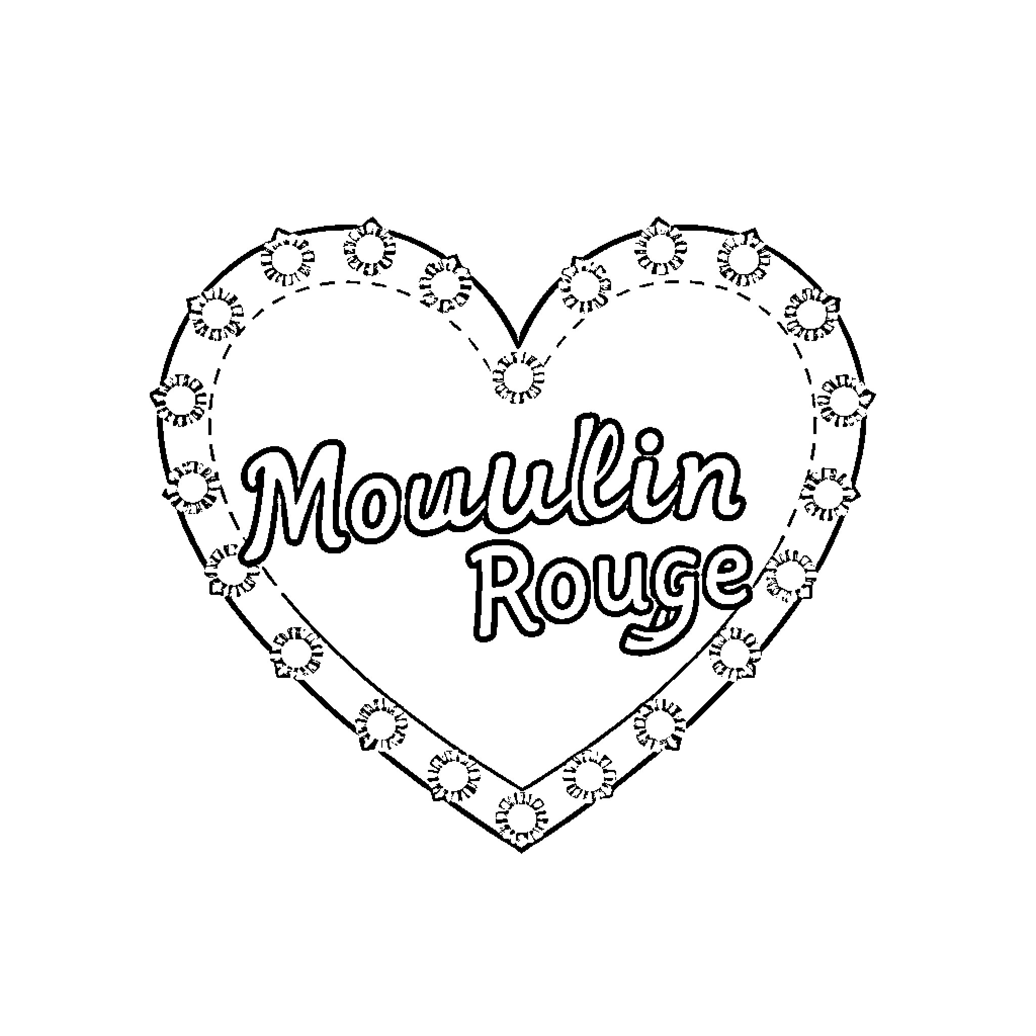 Heart with Moulin Rouge Lettering Coloring Page (free black-and-white line drawing printable PDF for all, from beginners to advanced learners, including children, teens, adults, and seniors)