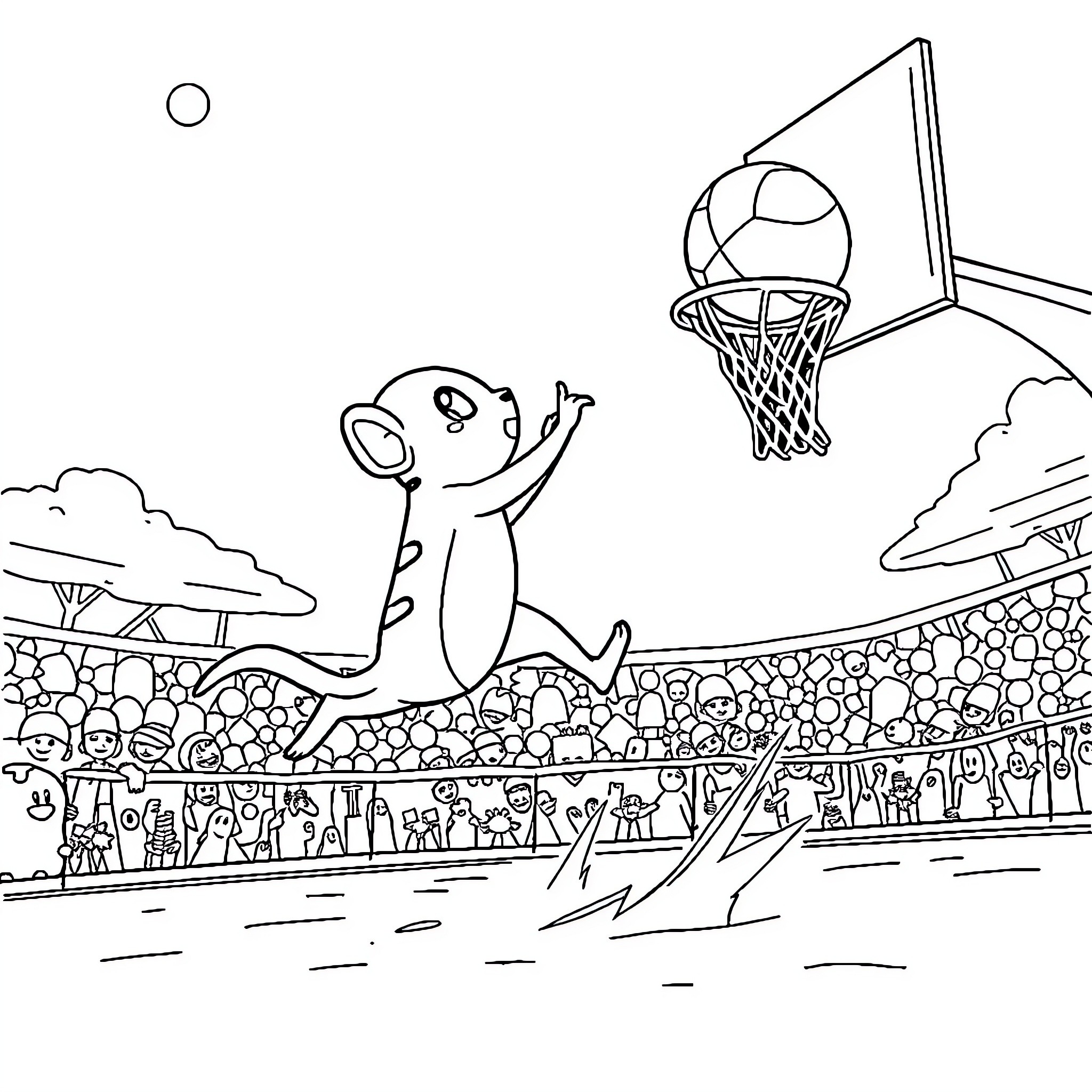 Flea playing basketball in a crowded stadium Coloring Page (free black-and-white line drawing printable PDF for all, from beginners to advanced learners, including children, teens, adults, and seniors)