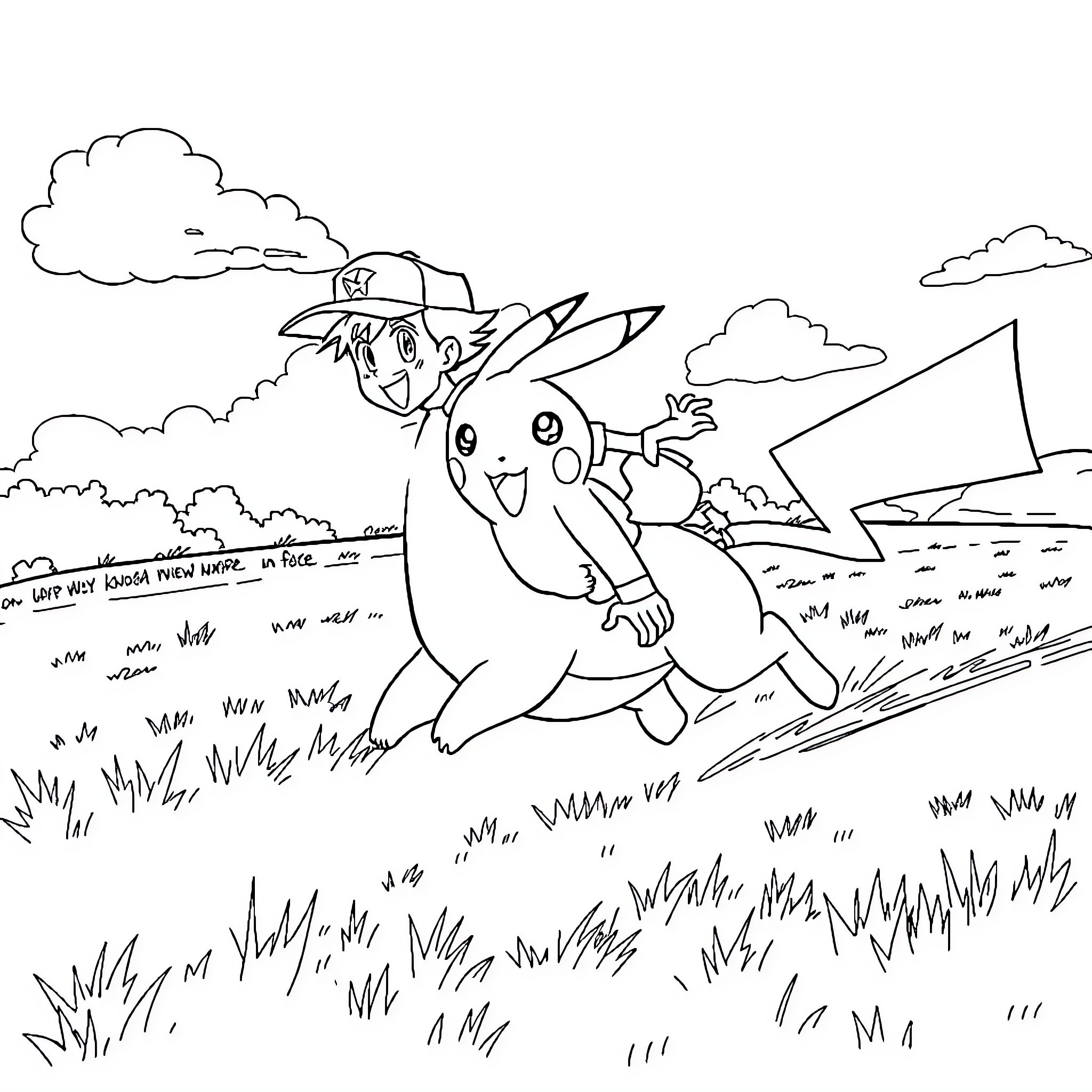 Ash Ketchum and Pikachu exploring the great outdoors Coloring Page (free black-and-white line drawing printable PDF for all, from beginners to advanced learners, including children, teens, adults, and seniors)