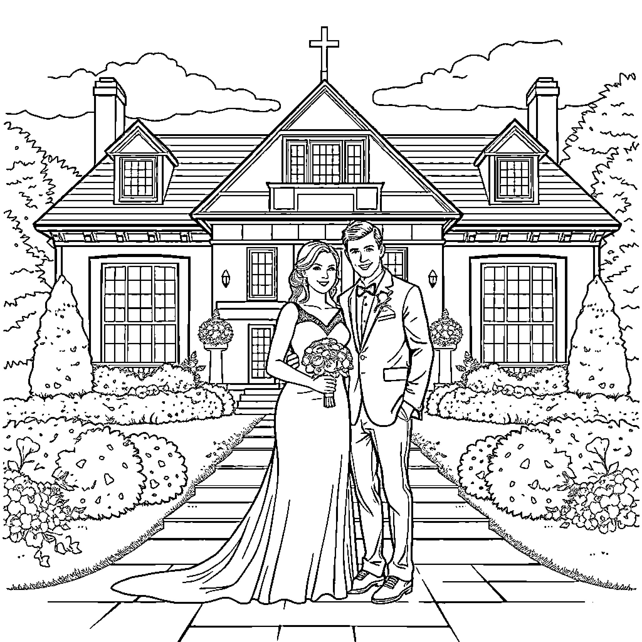Wedding Couple Posing in Front of Church Coloring Page (free black-and-white line drawing printable PDF for all, from beginners to advanced learners, including children, teens, adults, and seniors)