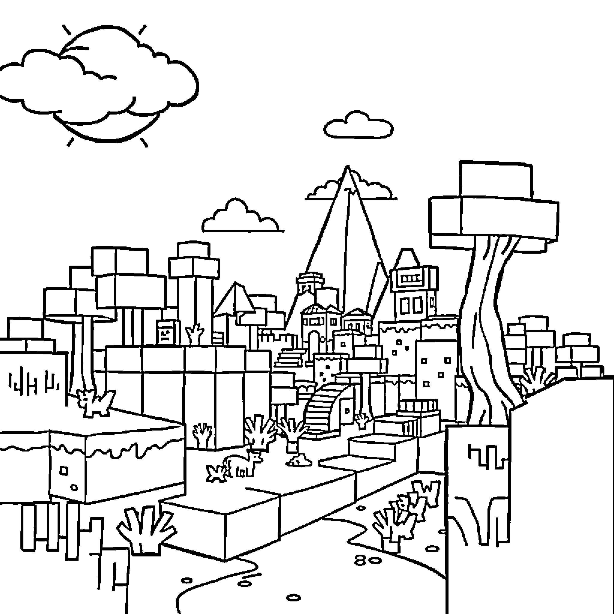 Minecraft cityscape with buildings and landmarks Coloring Page (free black-and-white line drawing printable PDF for all, from beginners to advanced learners, including children, teens, adults, and seniors)