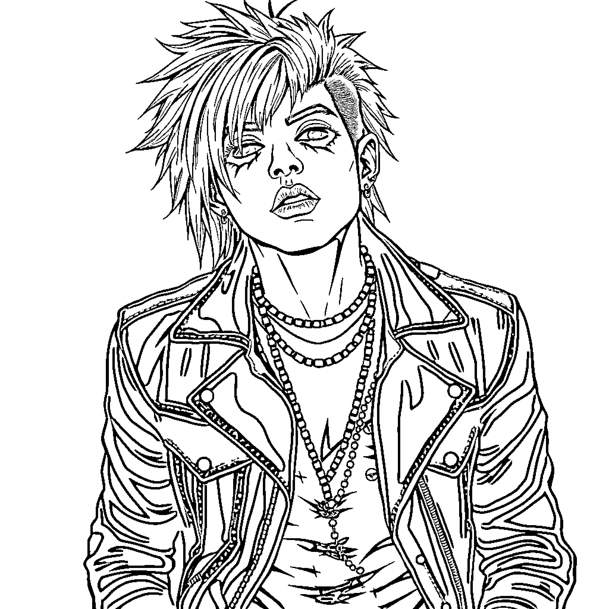 Punk Rebellion: Defiant Attitude and Edgy Style Coloring Page (free black-and-white line drawing printable PDF for all, from beginners to advanced learners, including children, teens, adults, and seniors)