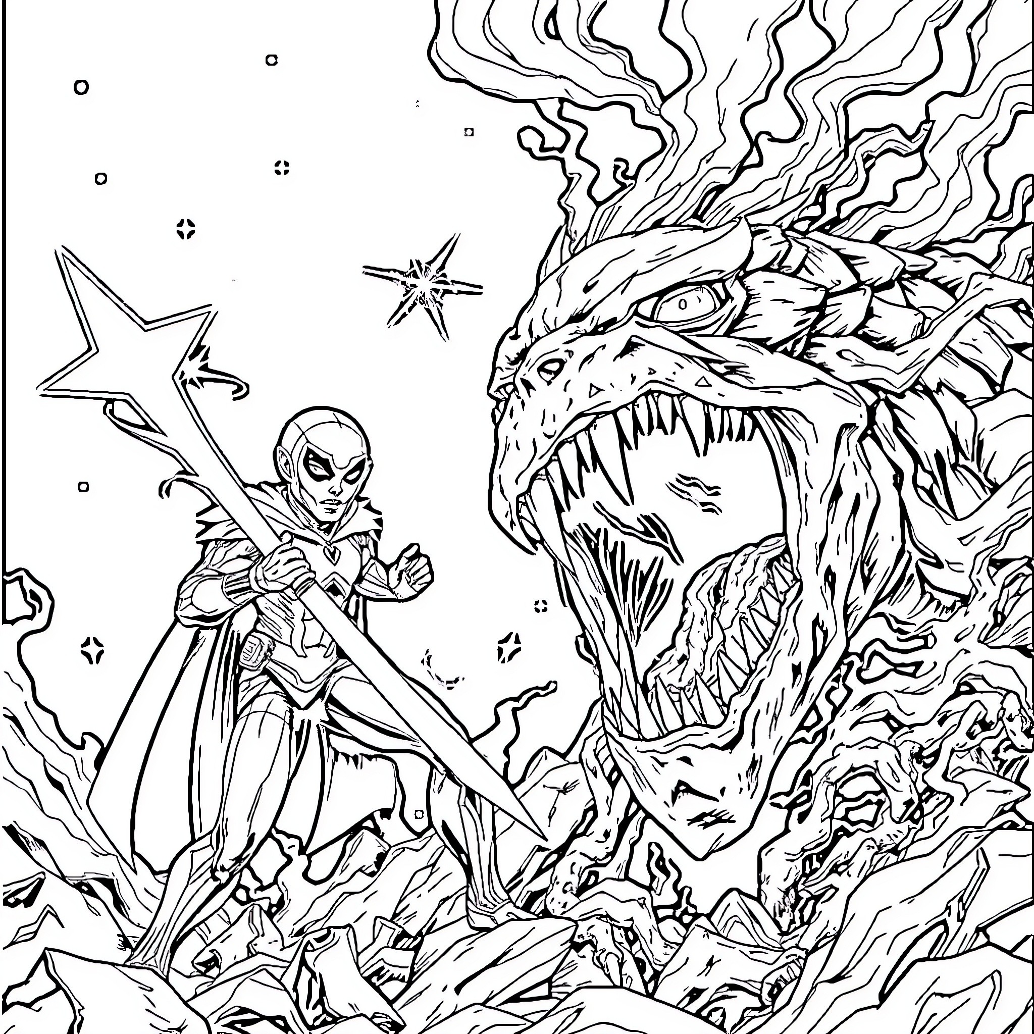 Extraterrestrial being battling a fearsome cosmic creature Coloring Page (free black-and-white line drawing printable PDF for all, from beginners to advanced learners, including children, teens, adults, and seniors)