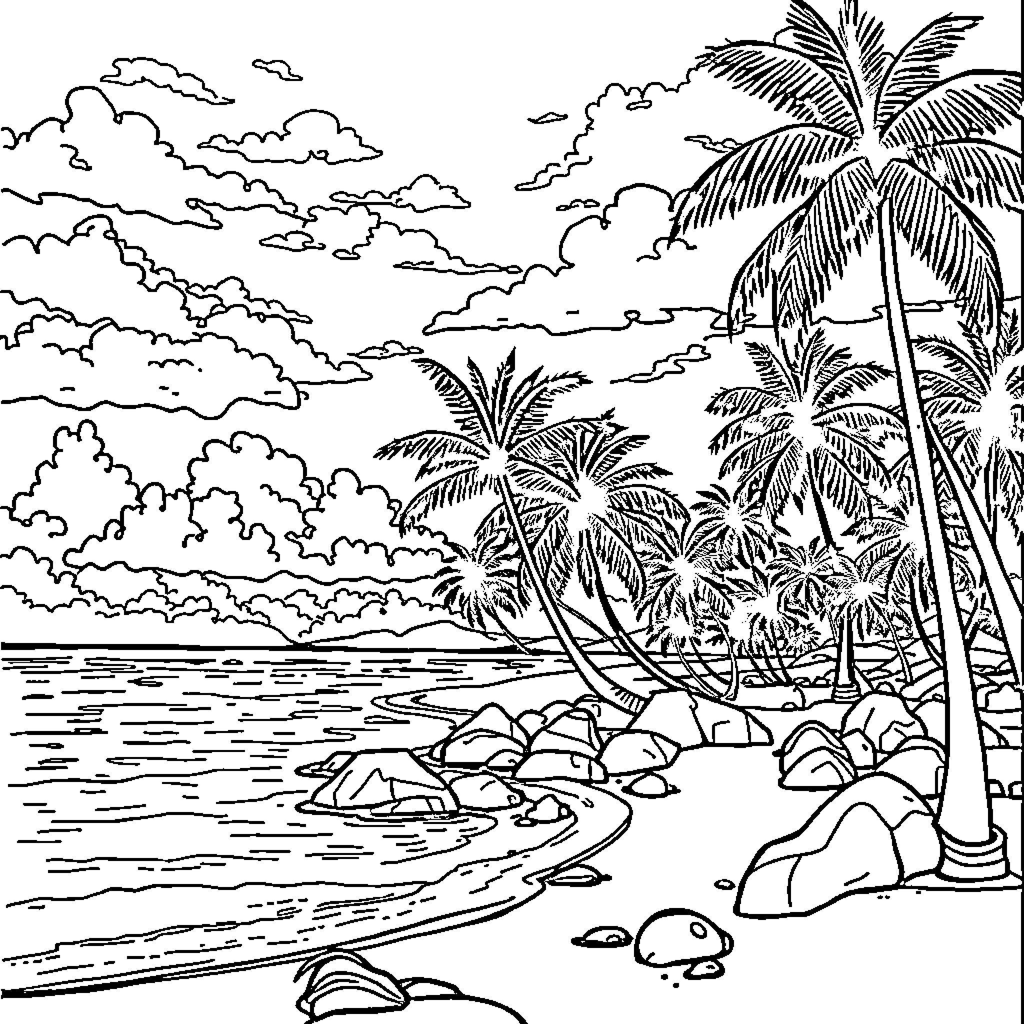 Summer beach scene with palm trees and cloudy sky Coloring Page (free black-and-white line drawing printable PDF for all, from beginners to advanced learners, including children, teens, adults, and seniors)