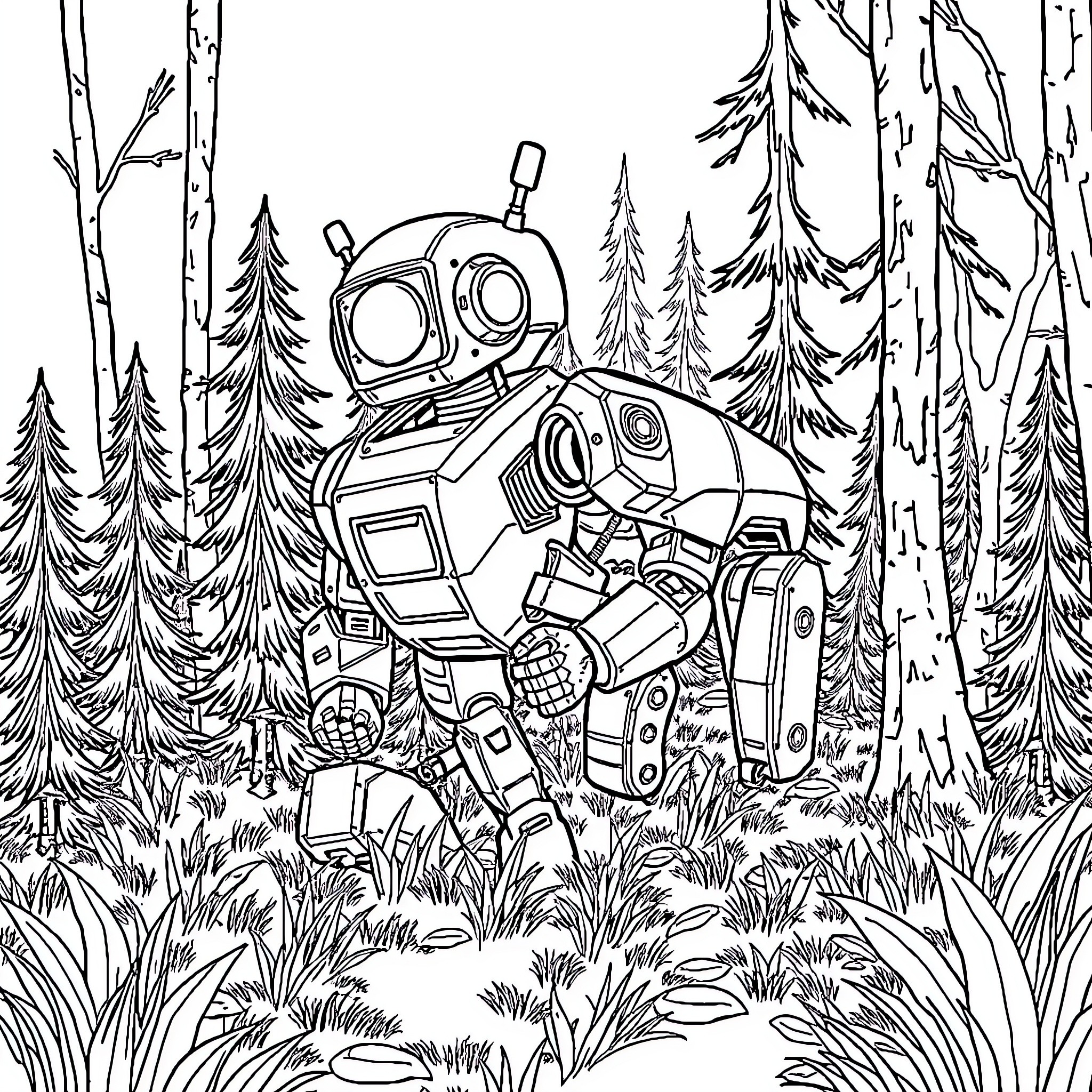 Roboat exploring the mysterious forest Coloring Page (free black-and-white line drawing printable PDF for all, from beginners to advanced learners, including children, teens, adults, and seniors)