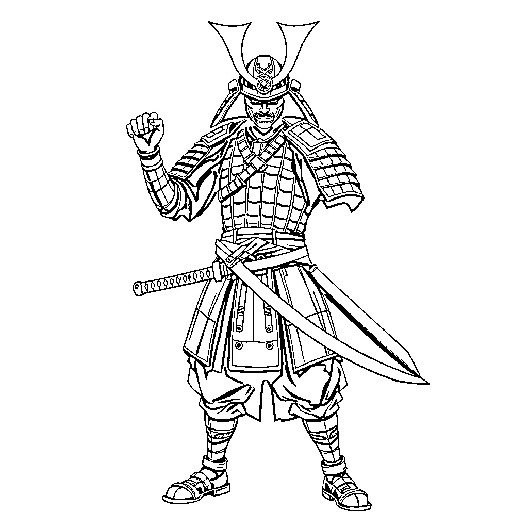 Samurai Warrior in Fierce Battle Stance Coloring Page (free black-and-white line drawing printable PDF for all, from beginners to advanced learners, including children, teens, adults, and seniors)