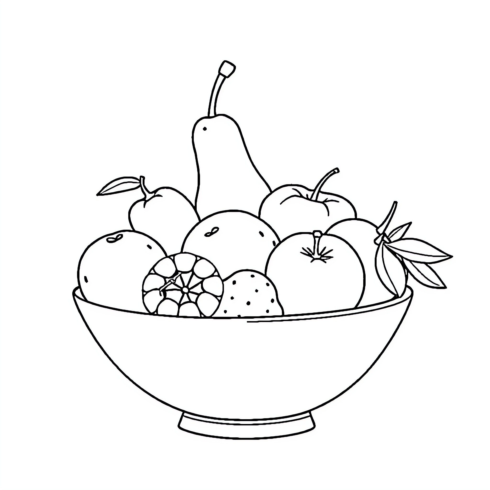 Fruit Assortment in a Bowl Coloring Page (free black-and-white line drawing printable PDF for all, from beginners to advanced learners, including children, teens, adults, and seniors)