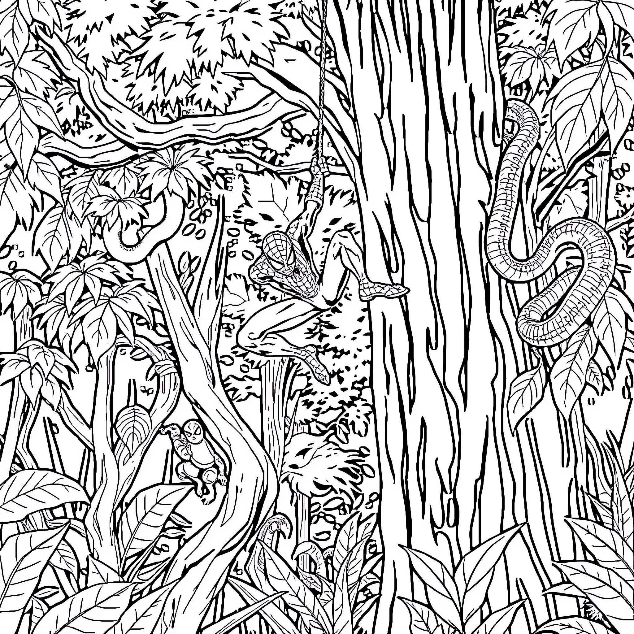 Spiderman's Jungle Adventure Coloring Page (free black-and-white line drawing printable PDF for all, from beginners to advanced learners, including children, teens, adults, and seniors)