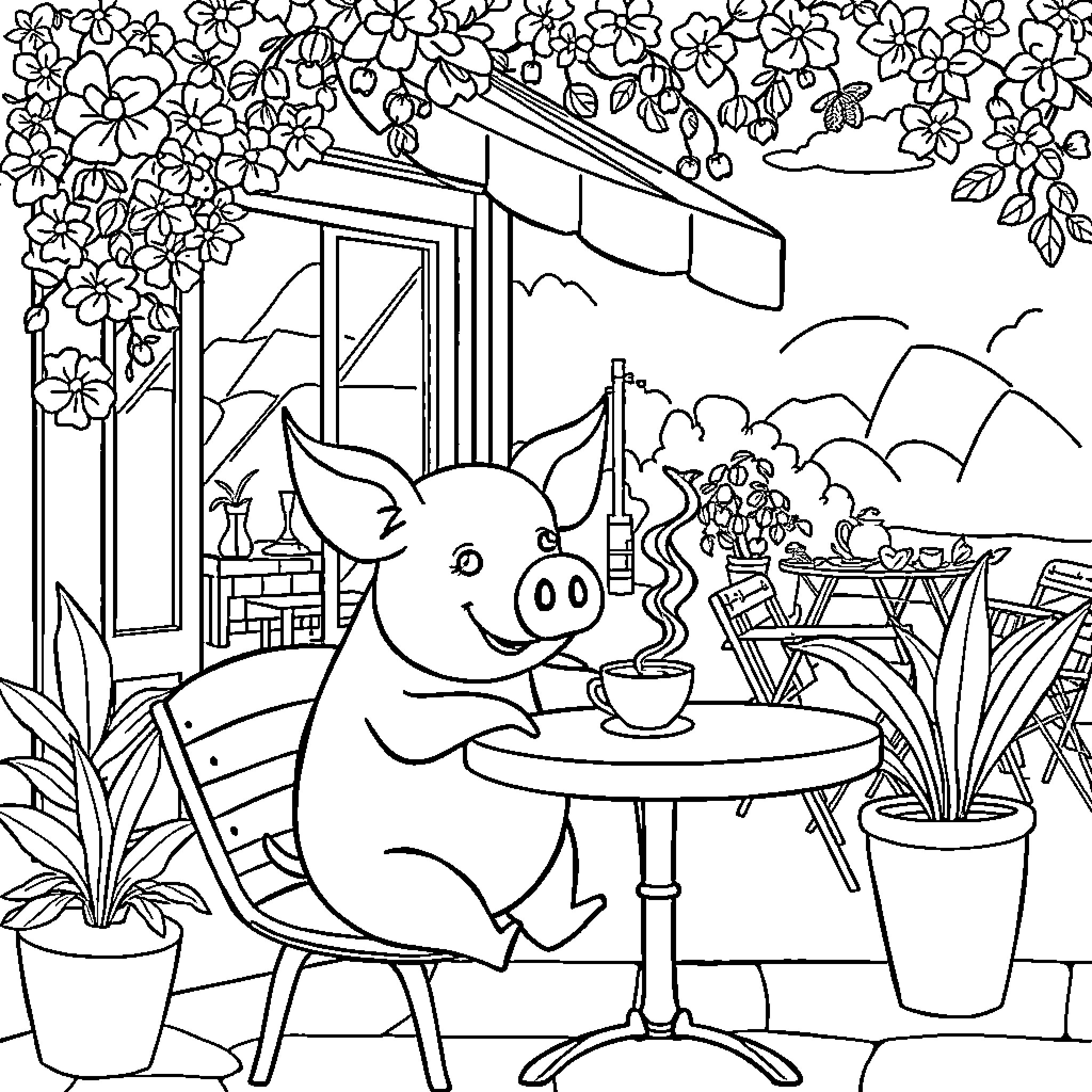 Pig enjoying a cup of tea in a cozy garden Coloring Page (free black-and-white line drawing printable PDF for all, from beginners to advanced learners, including children, teens, adults, and seniors)