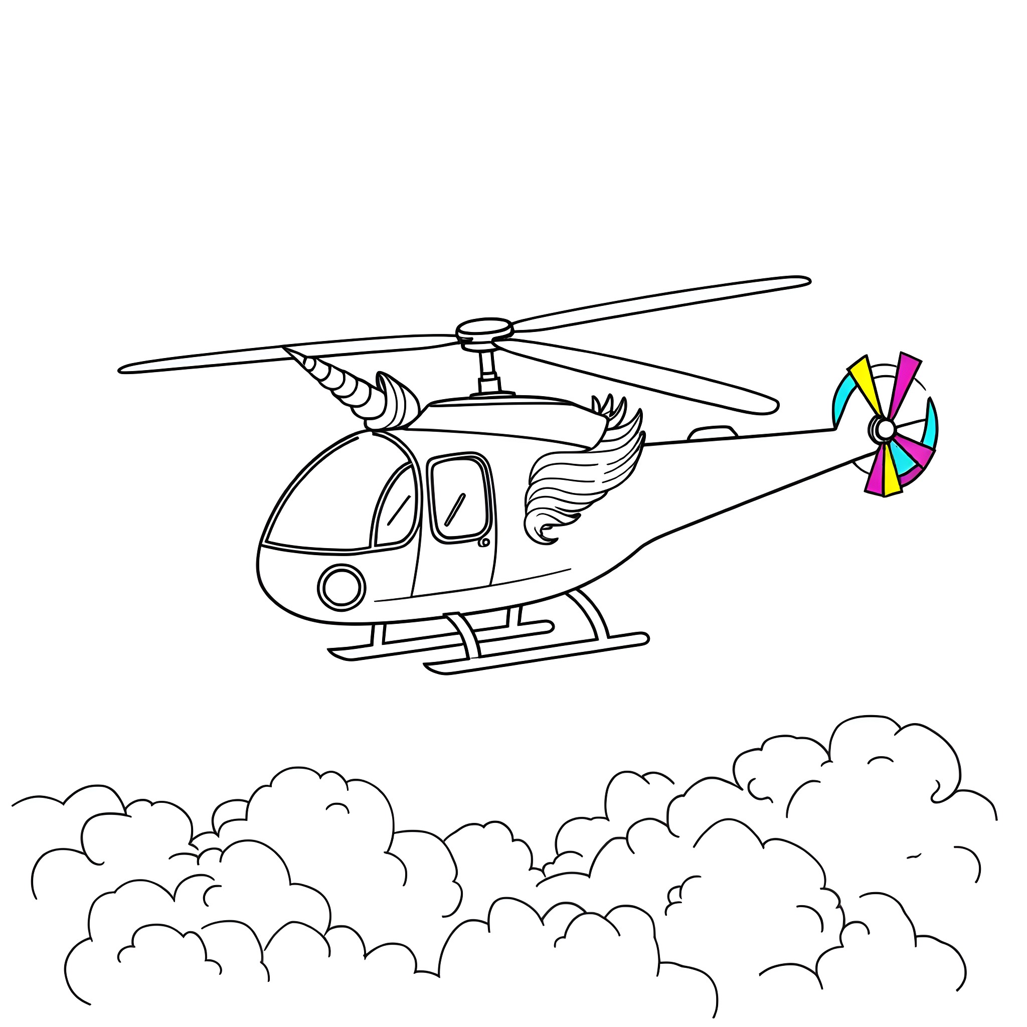 Unicorn helicopter soaring through the clouds Coloring Page (free black-and-white line drawing printable PDF for all, from beginners to advanced learners, including children, teens, adults, and seniors)