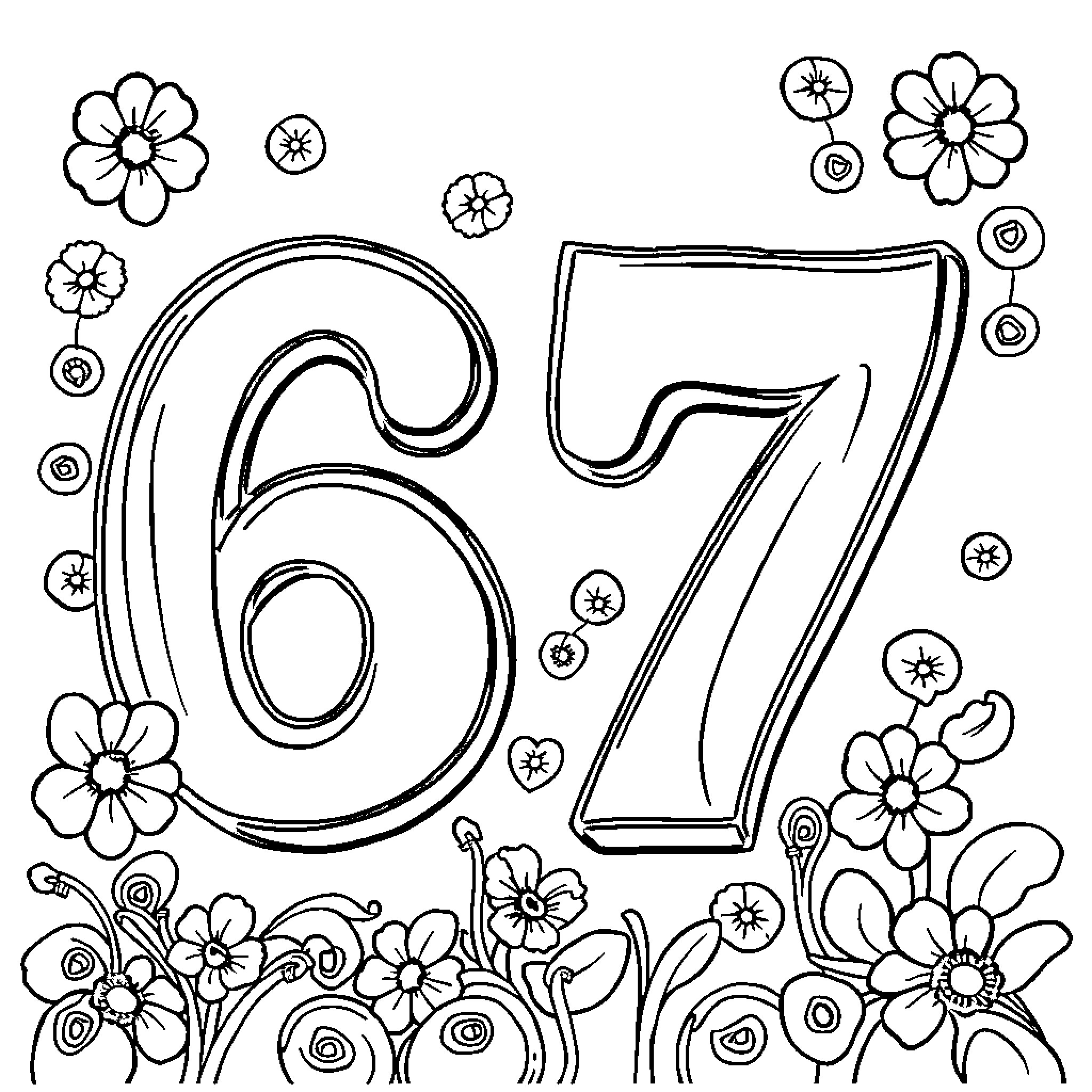Number 67 with Flower Decorations Coloring Page (free black-and-white line drawing printable PDF for all, from beginners to advanced learners, including children, teens, adults, and seniors)
