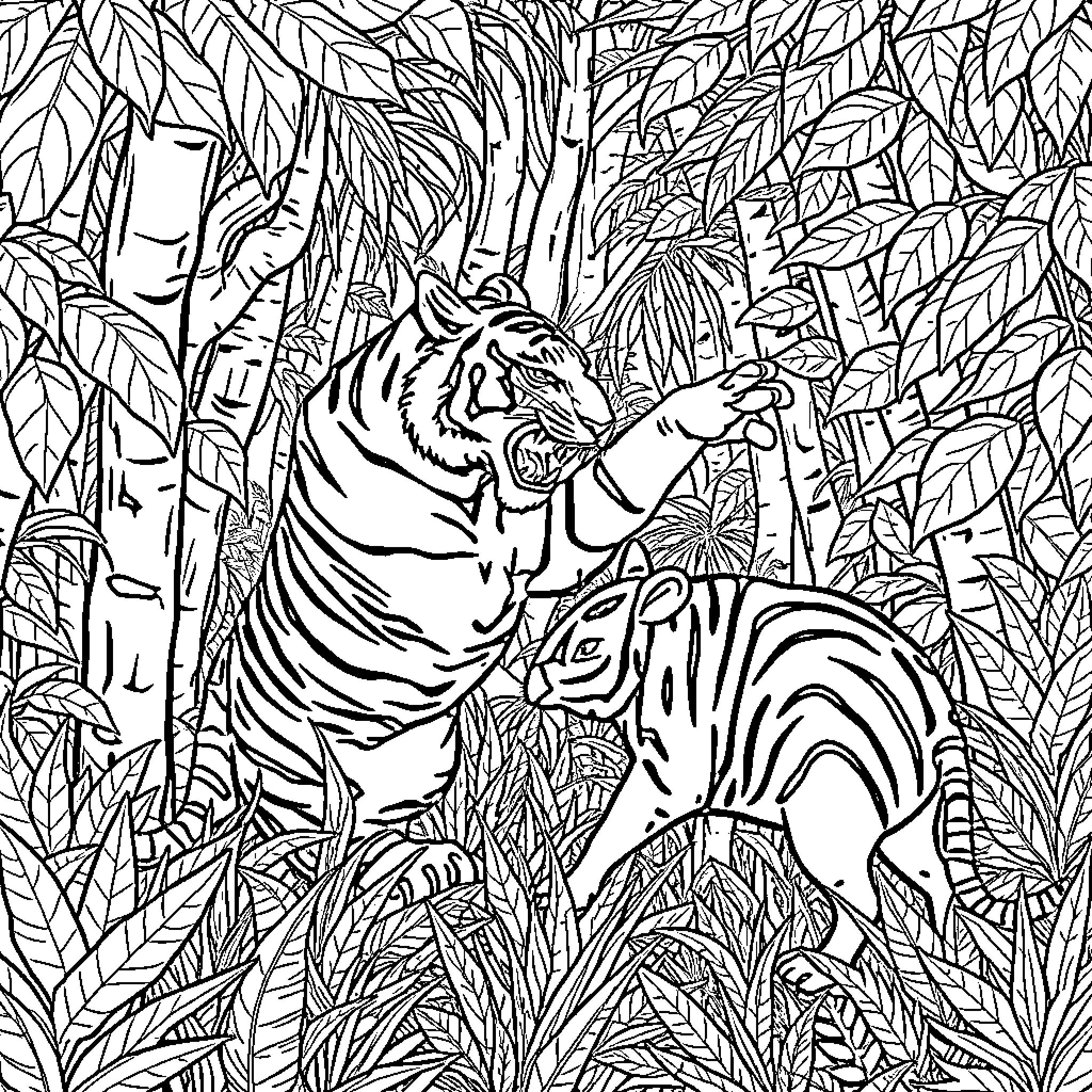 Tiger in a Lush Jungle Habitat Coloring Page (free black-and-white line drawing printable PDF for all, from beginners to advanced learners, including children, teens, adults, and seniors)