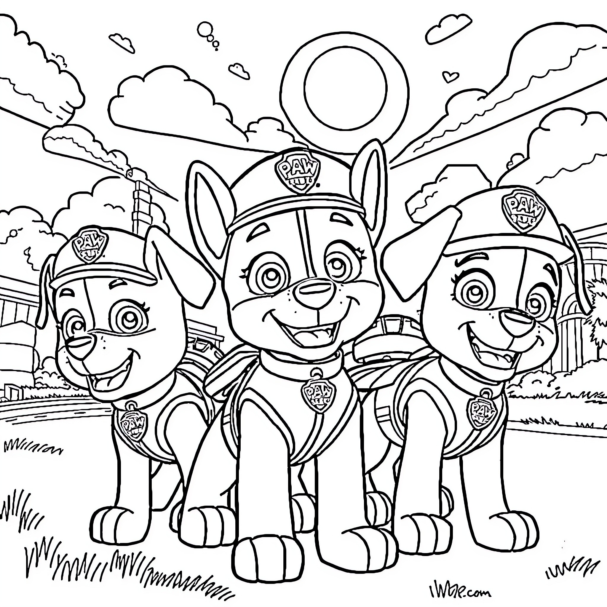 Paw Patrol Pups in Action on the Job Coloring Page (free black-and-white line drawing printable PDF for all, from beginners to advanced learners, including children, teens, adults, and seniors)