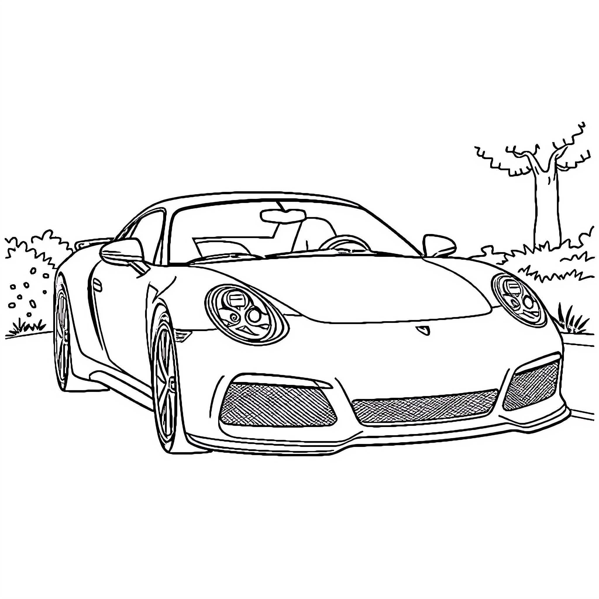 Car driving through nature landscape Coloring Page (free black-and-white line drawing printable PDF for all, from beginners to advanced learners, including children, teens, adults, and seniors)