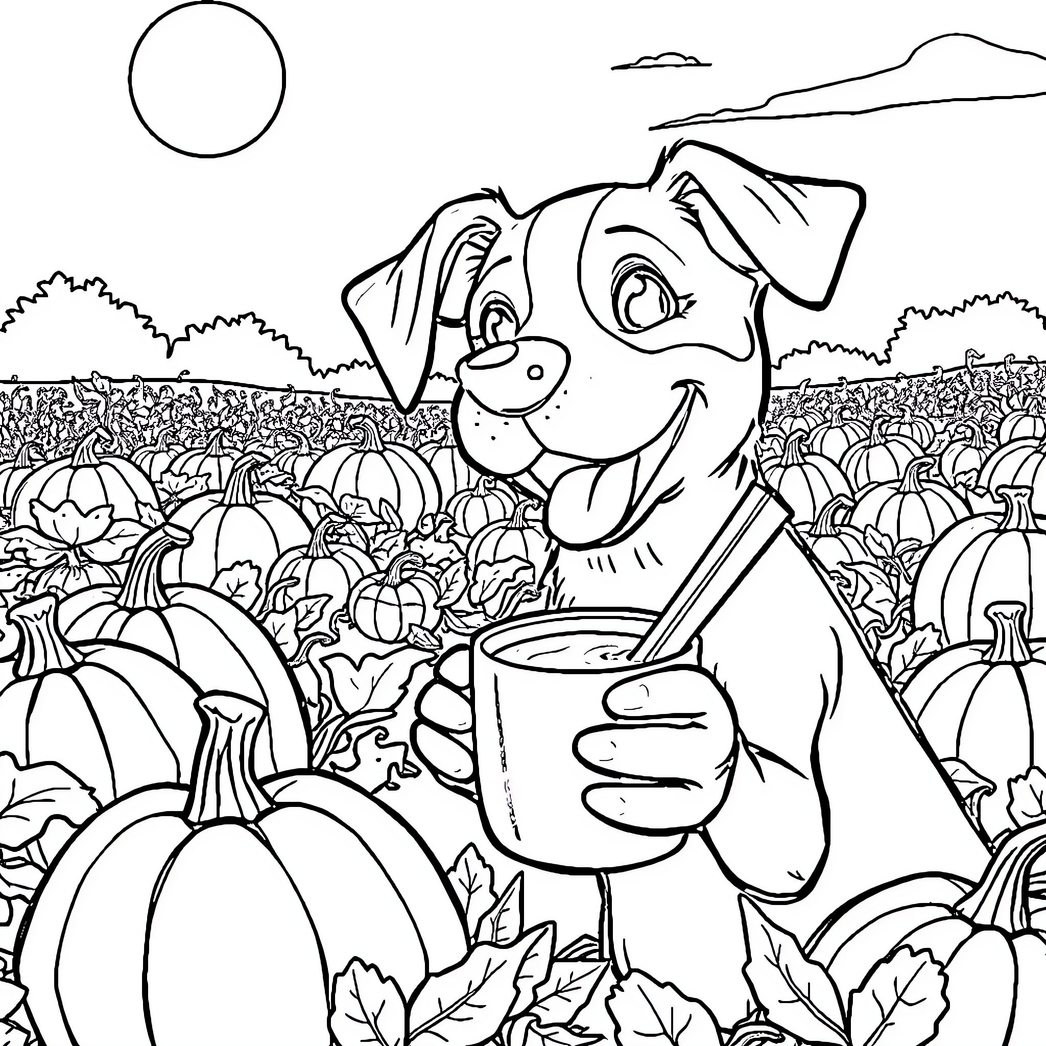 Dog enjoying pumpkin patch in autumn Coloring Page (free black-and-white line drawing printable PDF for all, from beginners to advanced learners, including children, teens, adults, and seniors)