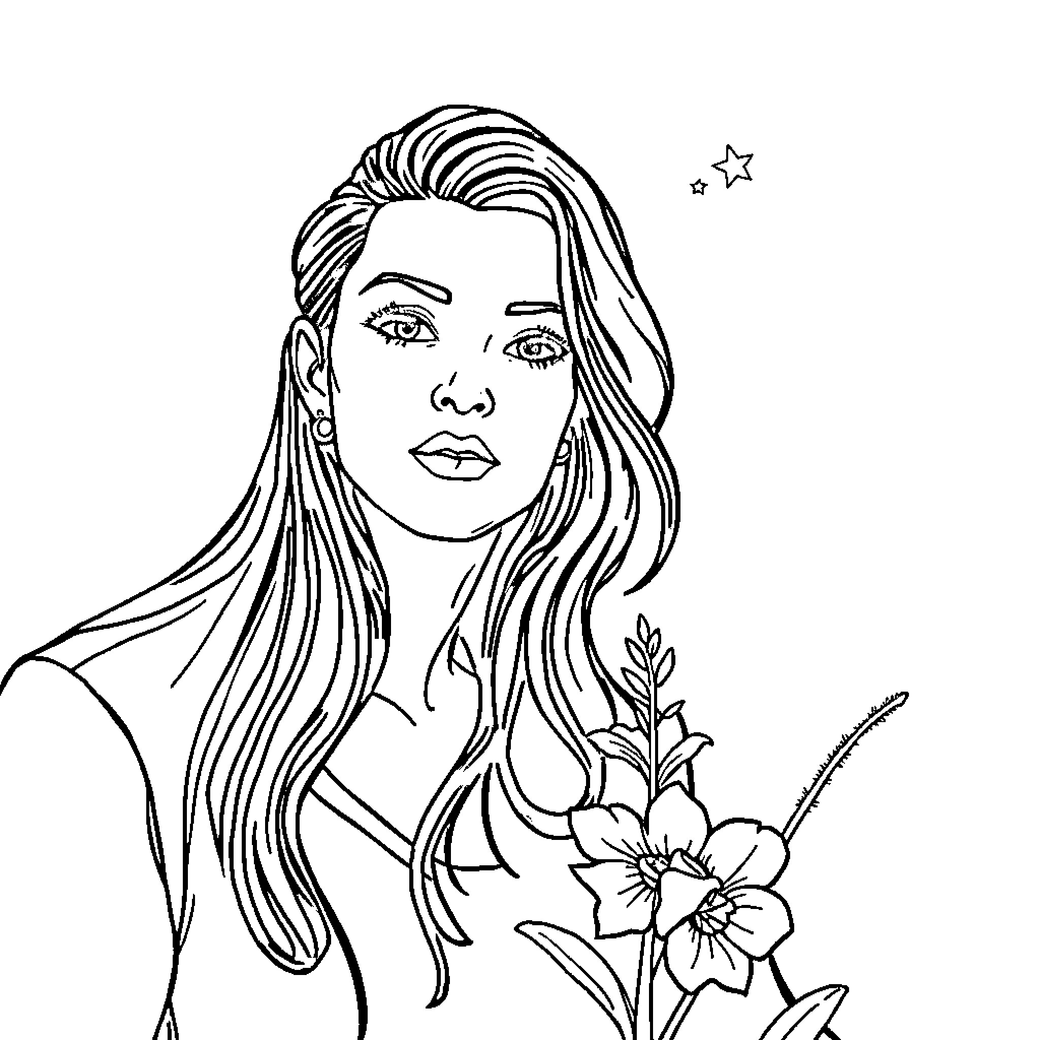 Person with long hair and flowers Coloring Page (free black-and-white line drawing printable PDF for all, from beginners to advanced learners, including children, teens, adults, and seniors)