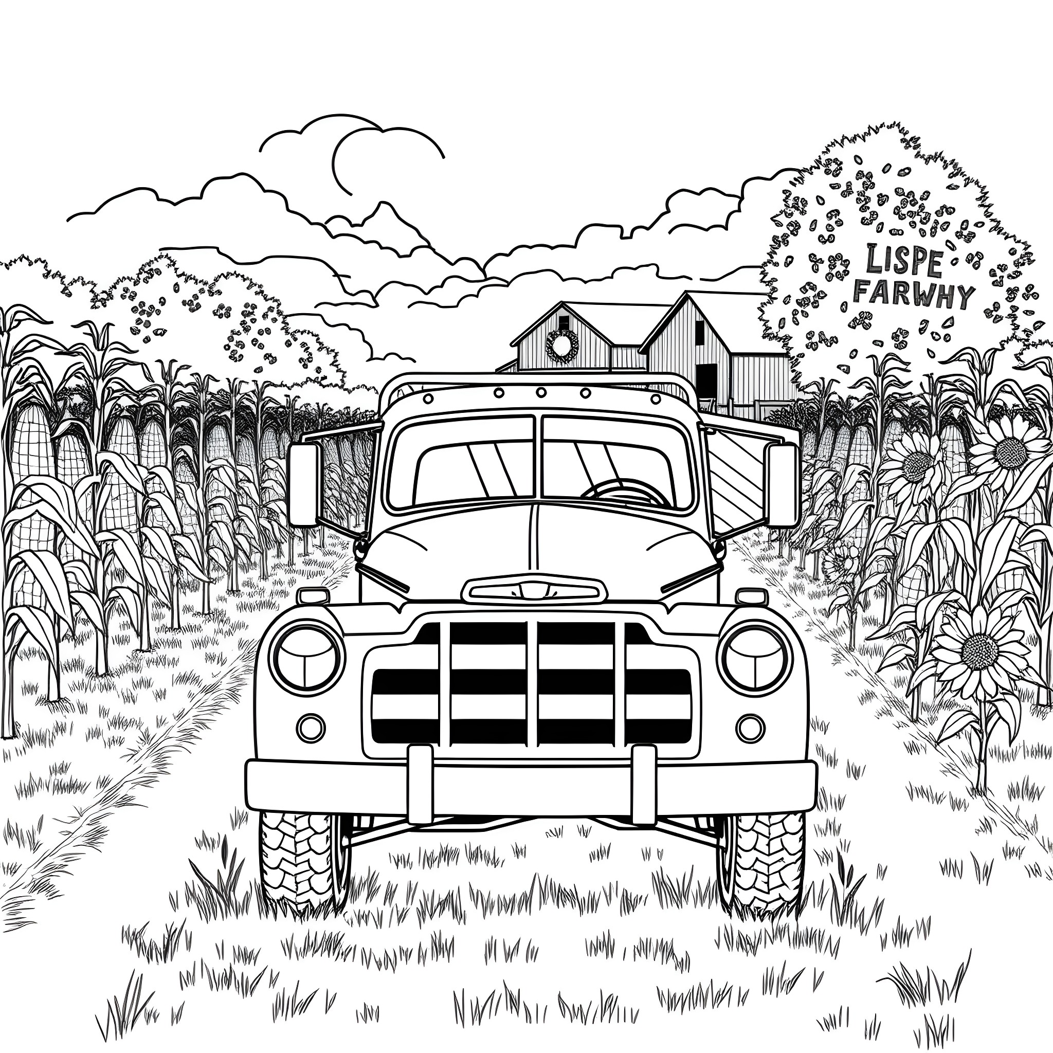 Truck driving through scenic countryside Coloring Page (free black-and-white line drawing printable PDF for all, from beginners to advanced learners, including children, teens, adults, and seniors)