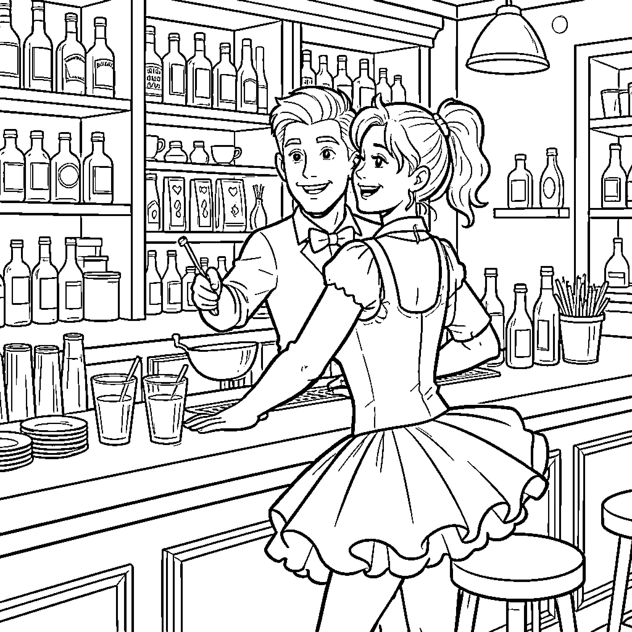 Barman smiling while interacting with a female customer Coloring Page (free black-and-white line drawing printable PDF for all, from beginners to advanced learners, including children, teens, adults, and seniors)