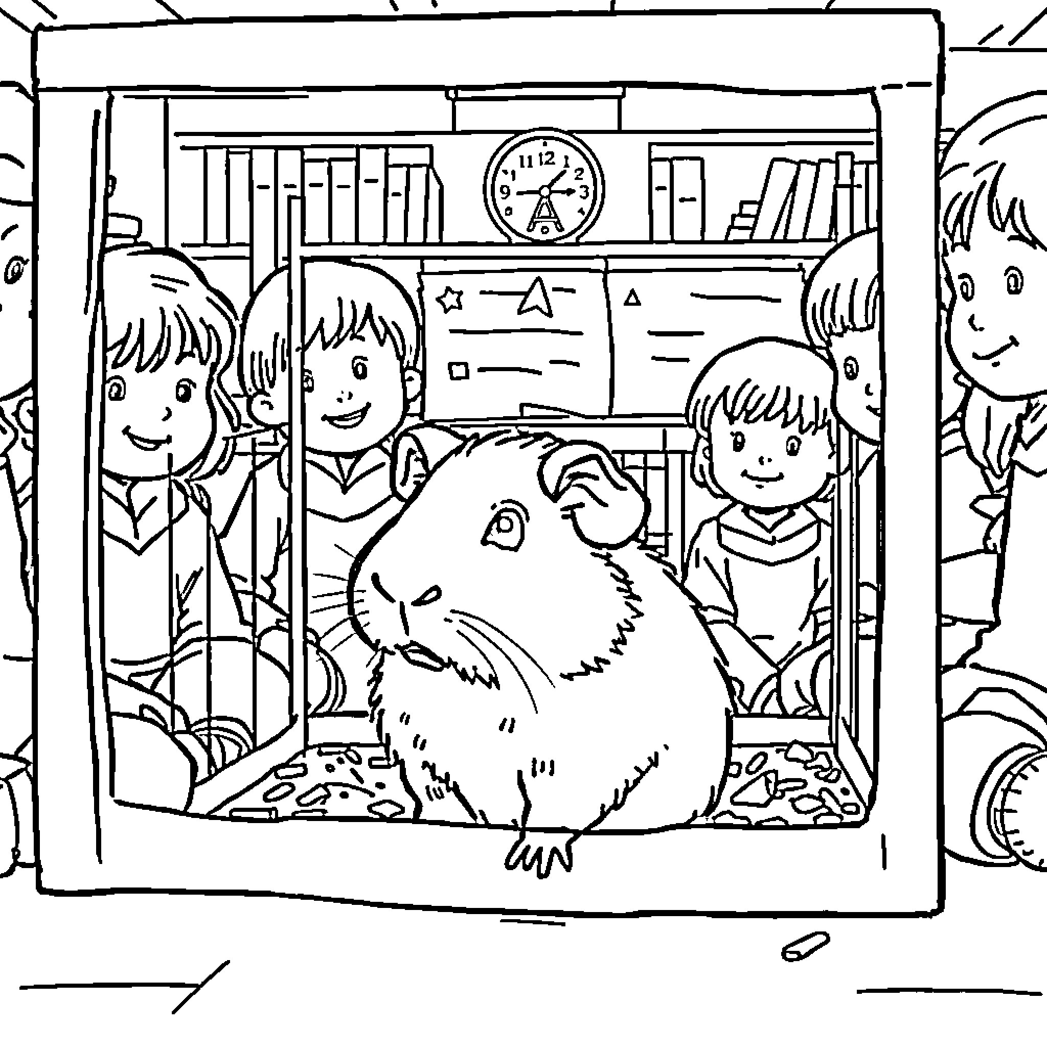 Guinea Pig Observes Students in Classroom Coloring Page (free black-and-white line drawing printable PDF for all, from beginners to advanced learners, including children, teens, adults, and seniors)