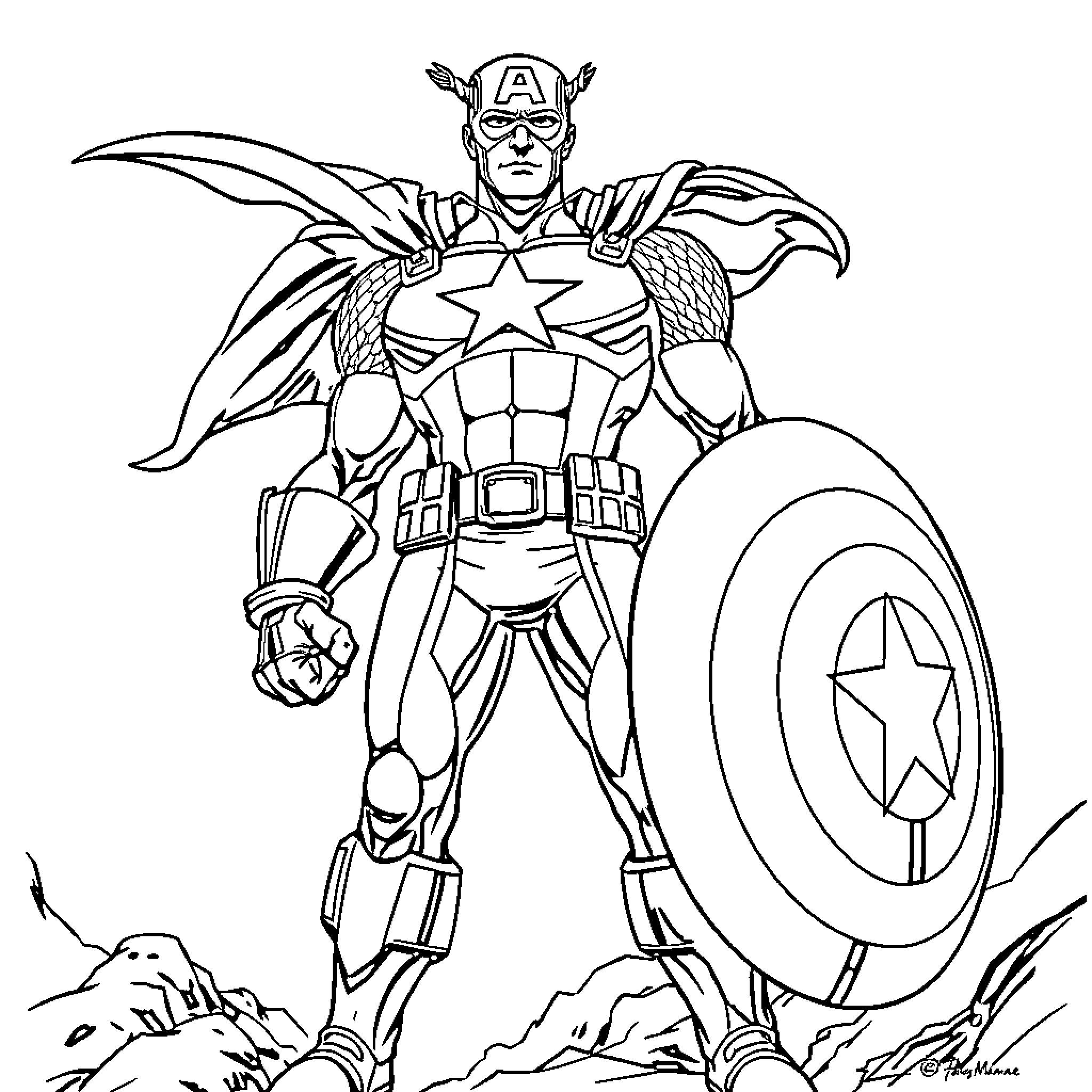 Captain America Heroic Pose with Shield Coloring Page (free black-and-white line drawing printable PDF for all, from beginners to advanced learners, including children, teens, adults, and seniors)