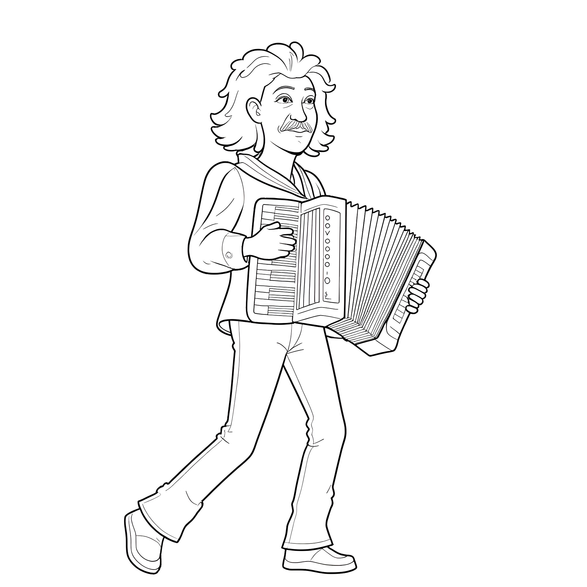 Weird Al Yankovic playing the accordion with enthusiasm Coloring Page (free black-and-white line drawing printable PDF for all, from beginners to advanced learners, including children, teens, adults, and seniors)