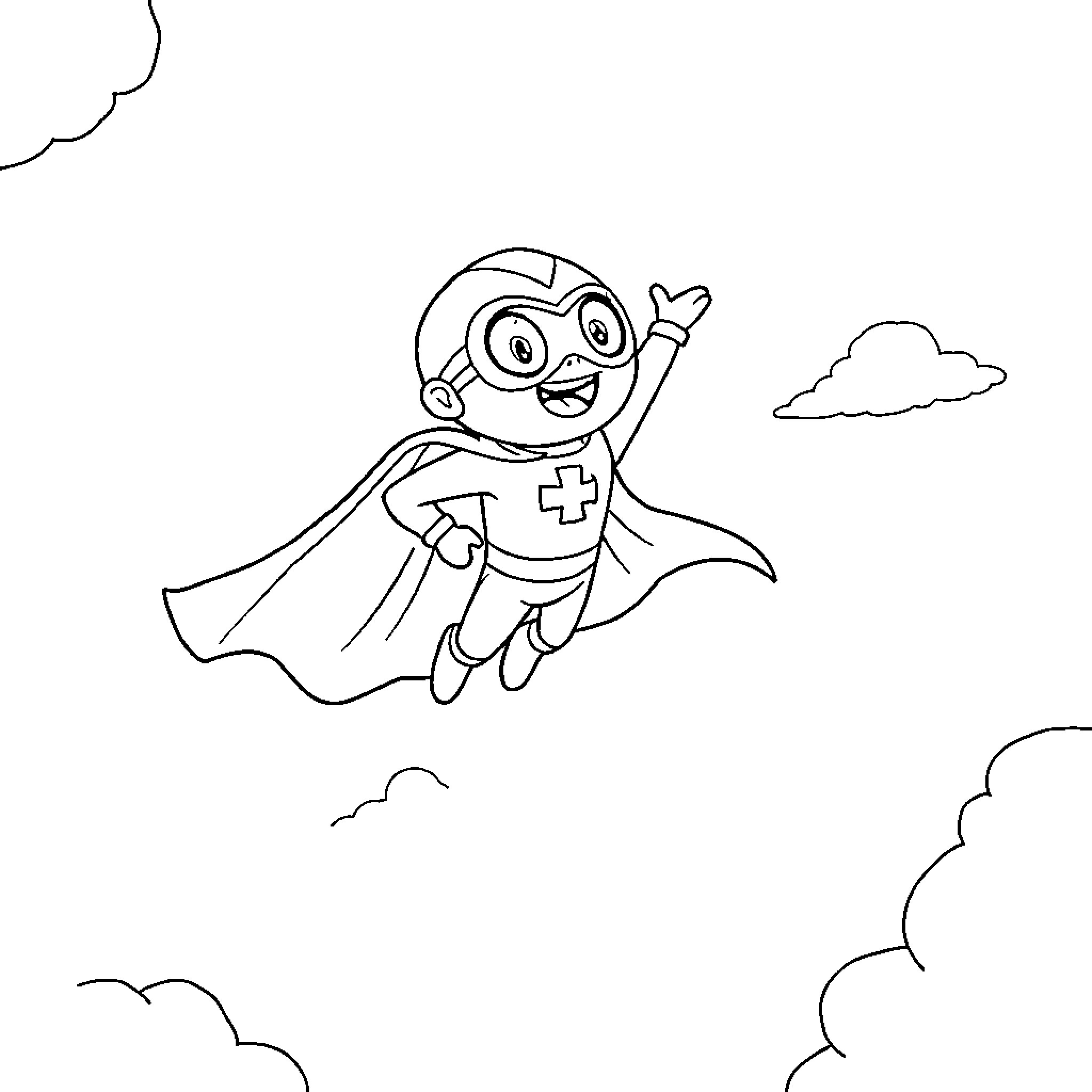 Blimp-shaped superhero flying through the sky Coloring Page (free black-and-white line drawing printable PDF for all, from beginners to advanced learners, including children, teens, adults, and seniors)