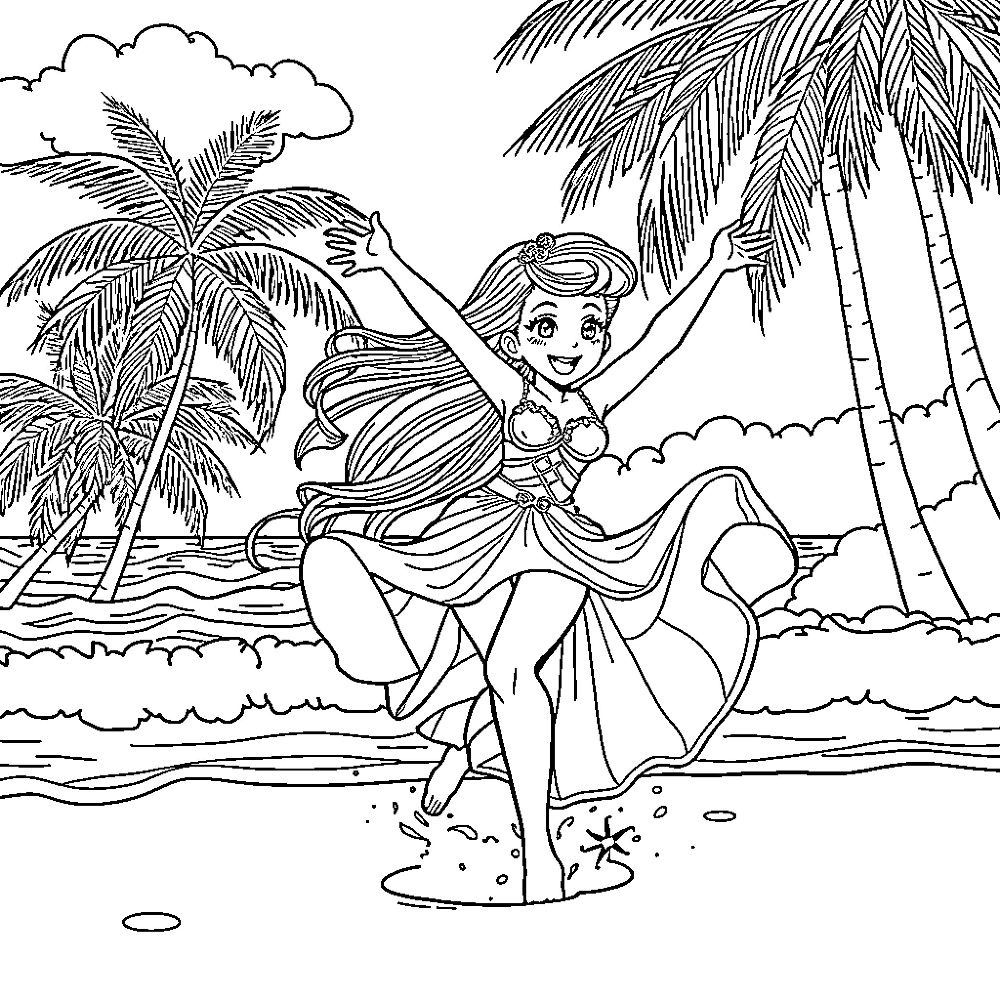Kuromi enjoying a tropical beach vacation Coloring Page (free black-and-white line drawing printable PDF for all, from beginners to advanced learners, including children, teens, adults, and seniors)